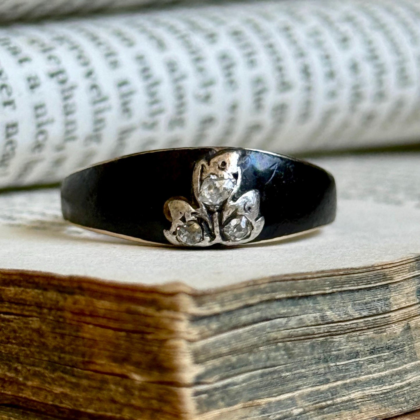 Antique Diamond & Enamel Mourning Ring in 9 Carat Gold; Circa 1875