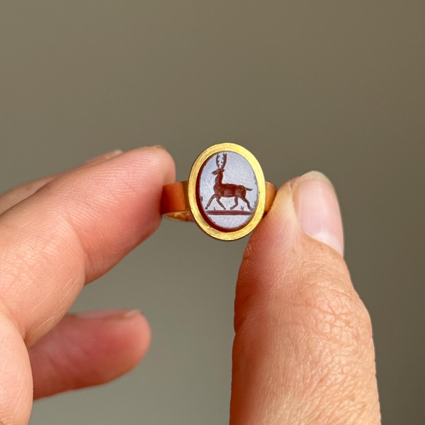 Antique Sardonyx Stag Intaglio Signet Ring in 15 Carat Gold; Circa 1890