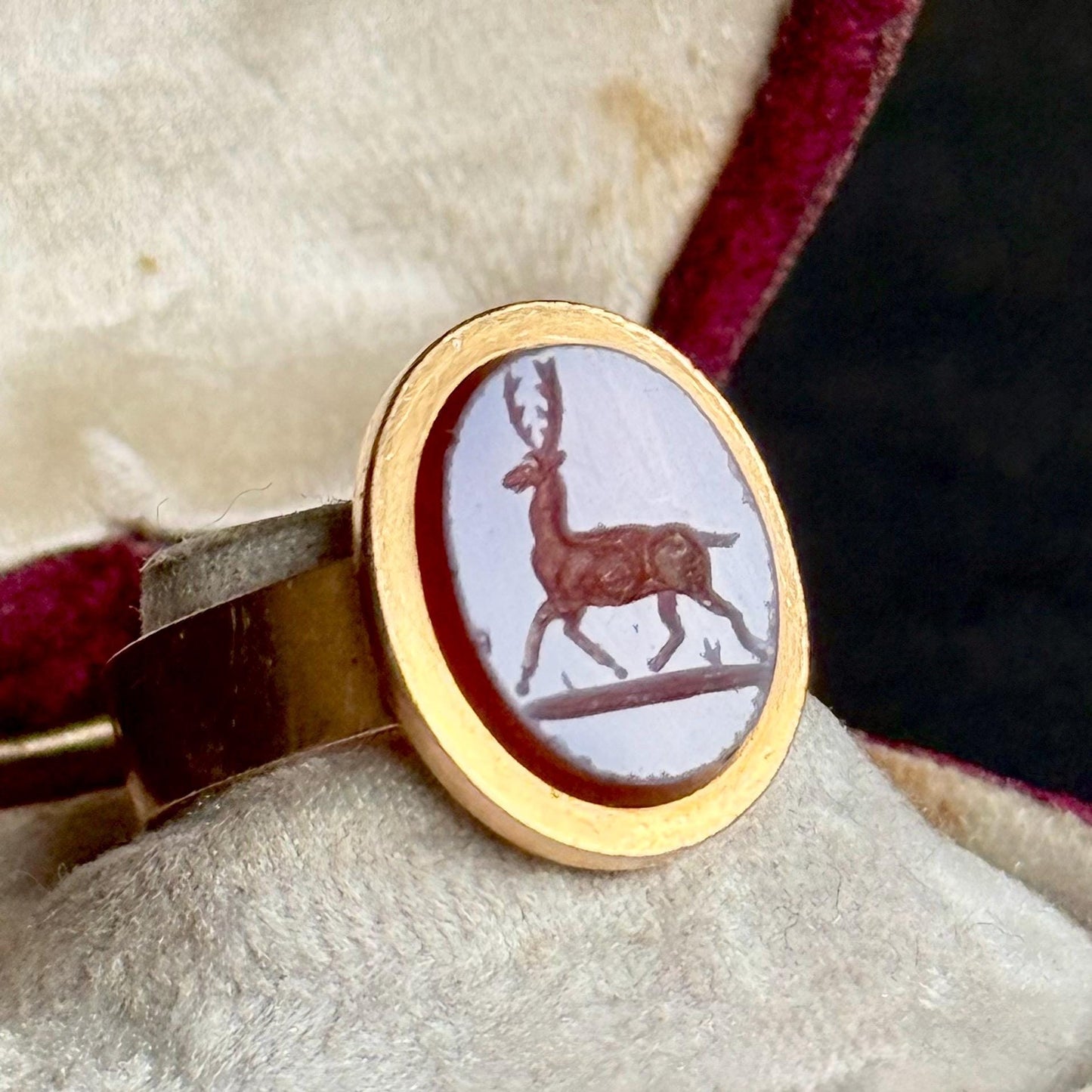 Antique Sardonyx Stag Intaglio Signet Ring in 15 Carat Gold; Circa 1890