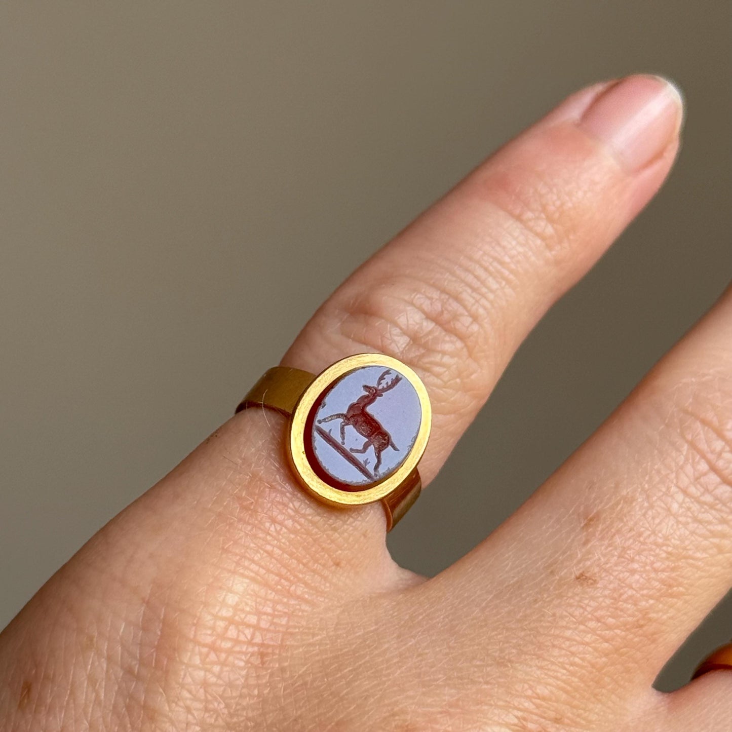 Antique Sardonyx Stag Intaglio Signet Ring in 15 Carat Gold; Circa 1890