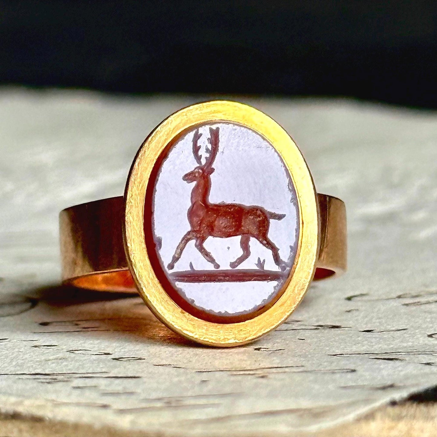 Antique Sardonyx Stag Intaglio Signet Ring in 15 Carat Gold; Circa 1890