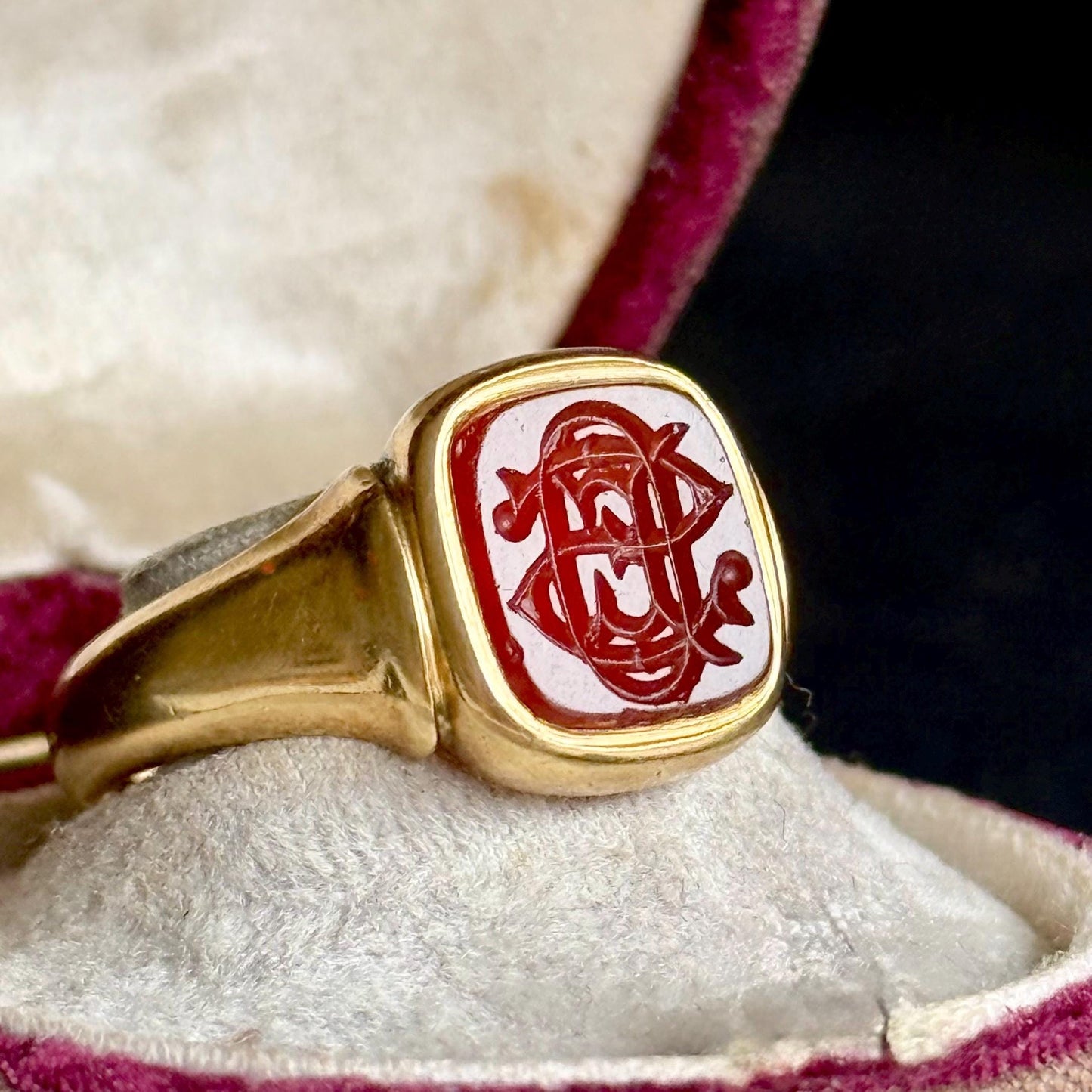 Carnelian Monogram Intaglio Signet Ring in 18 Carat Rose Gold; Circa 1908
