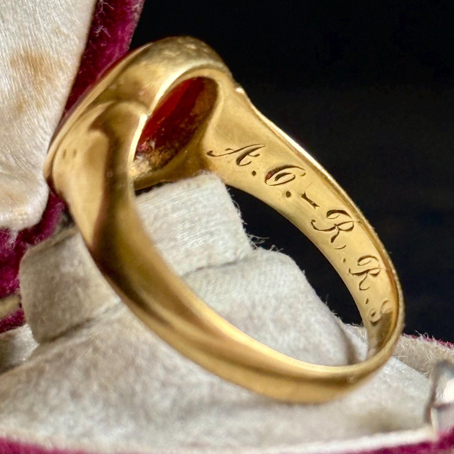 Carnelian Monogram Intaglio Signet Ring in 18 Carat Rose Gold; Circa 1908