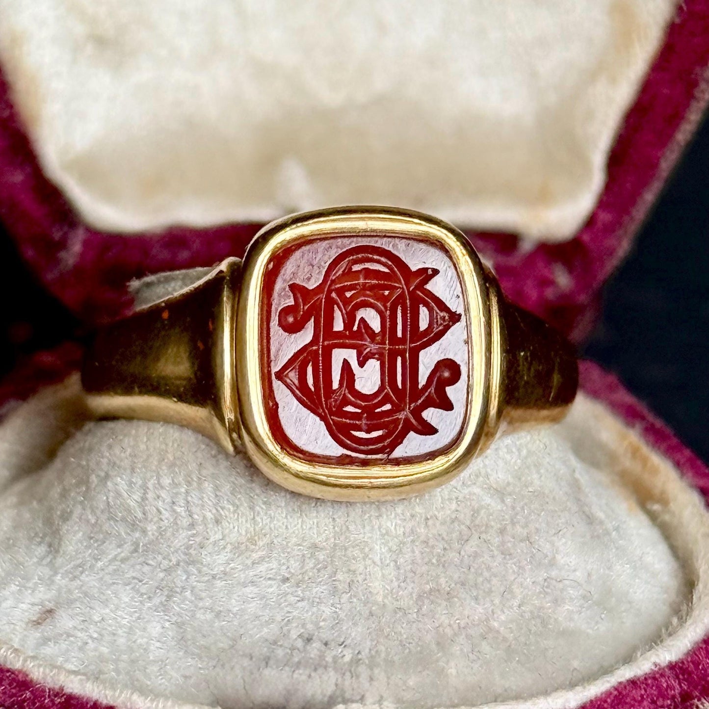 Carnelian Monogram Intaglio Signet Ring in 18 Carat Rose Gold; Circa 1908