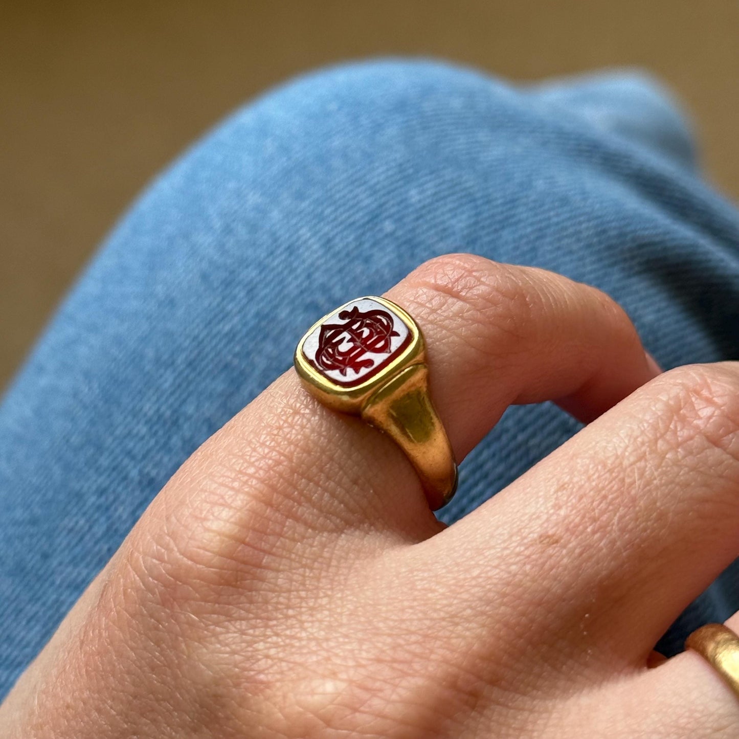 Carnelian Monogram Intaglio Signet Ring in 18 Carat Rose Gold; Circa 1908