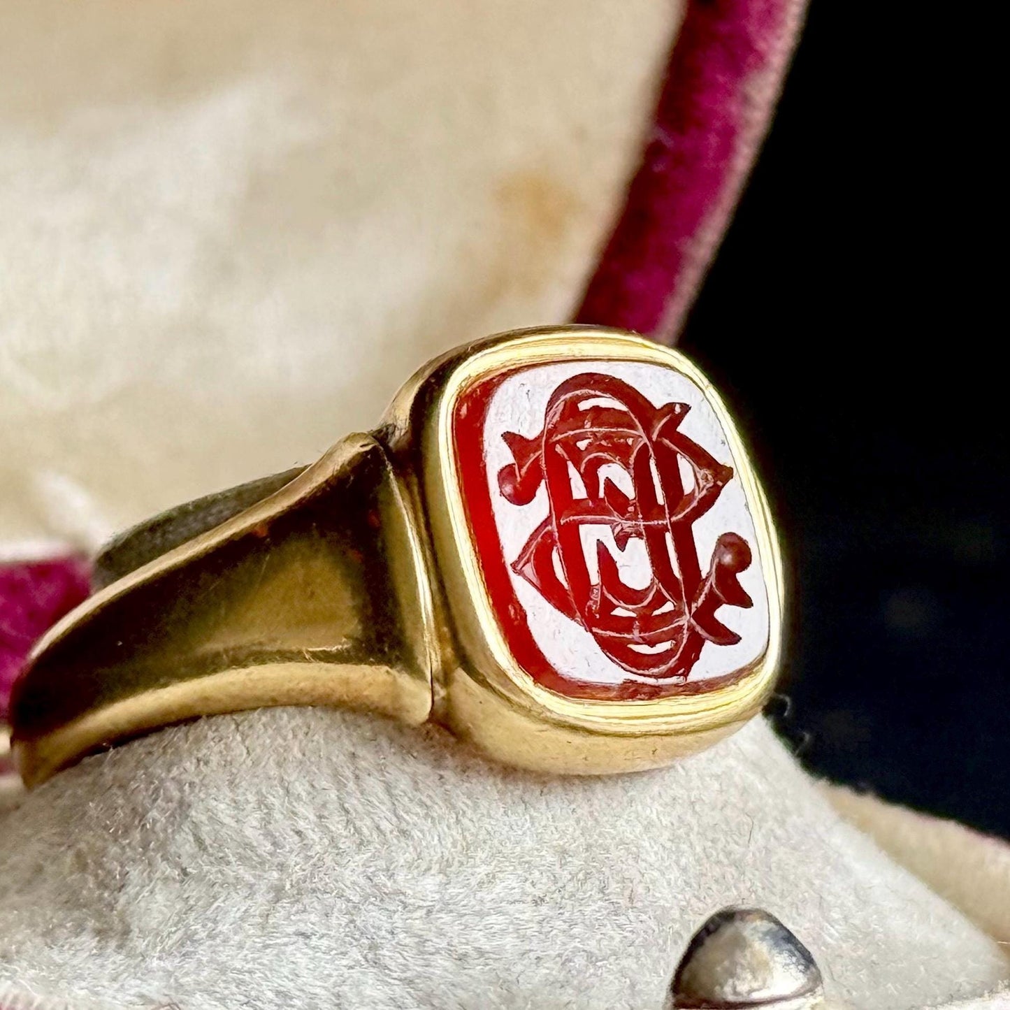 Carnelian Monogram Intaglio Signet Ring in 18 Carat Rose Gold; Circa 1908