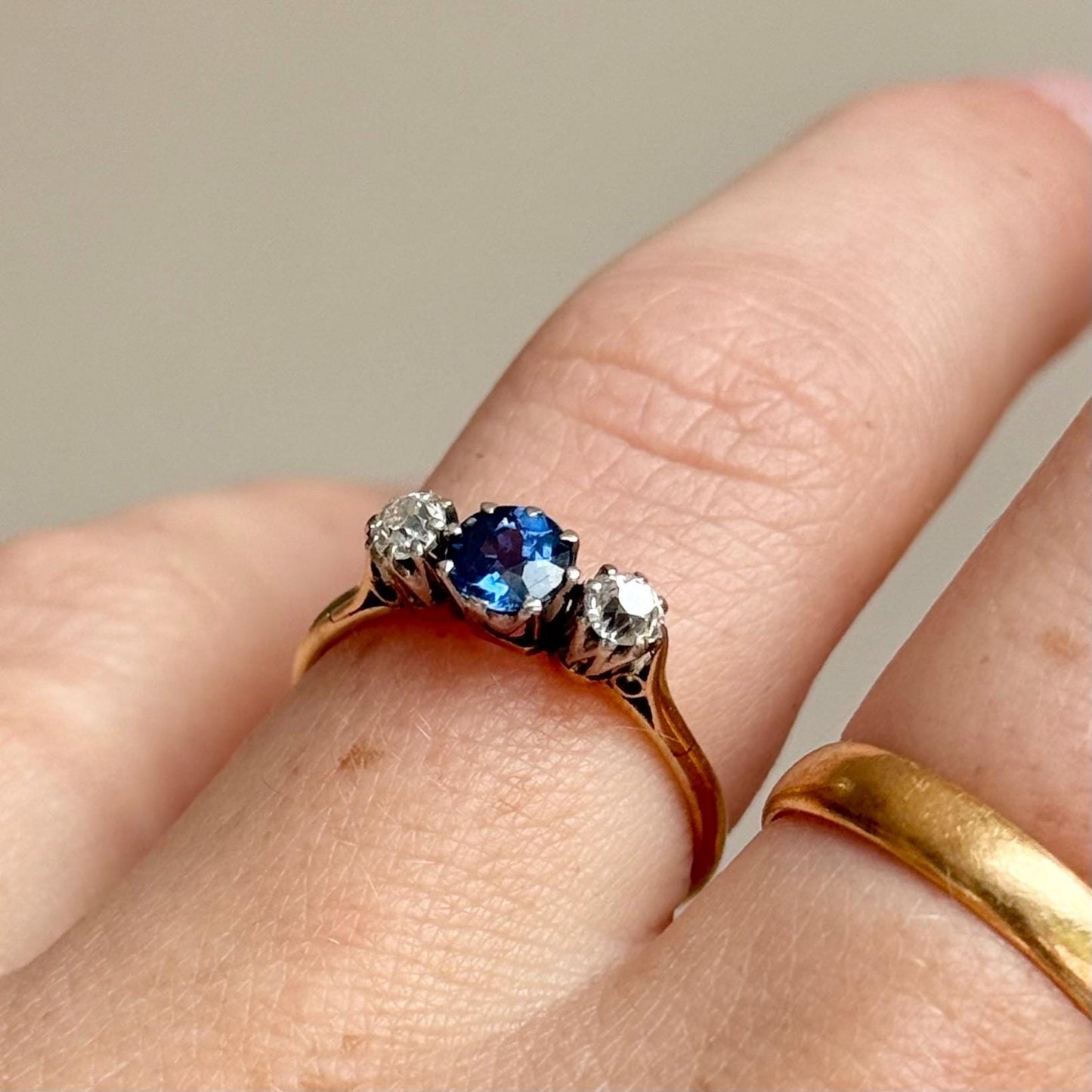 Antique Sapphire & Diamond Trilogy Ring; Circa 1910