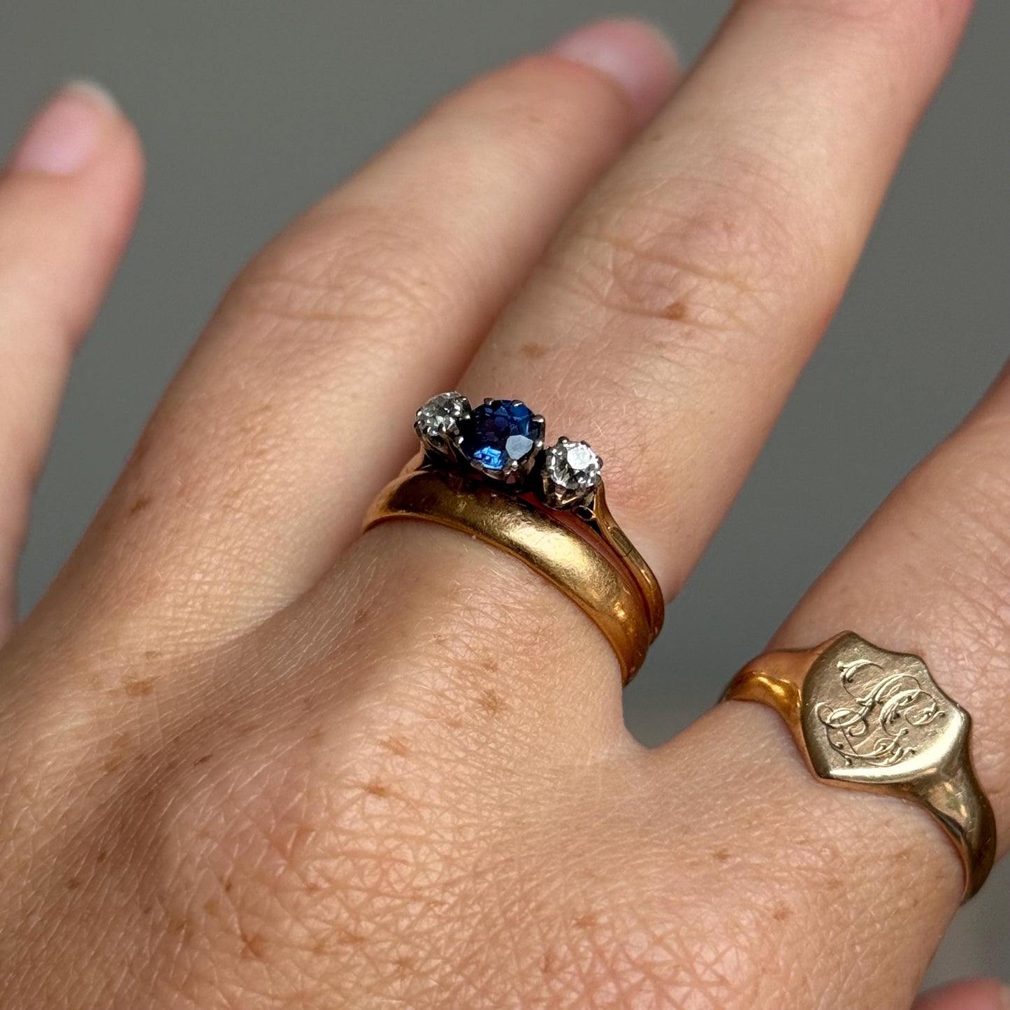 Antique Sapphire & Diamond Trilogy Ring; Circa 1910