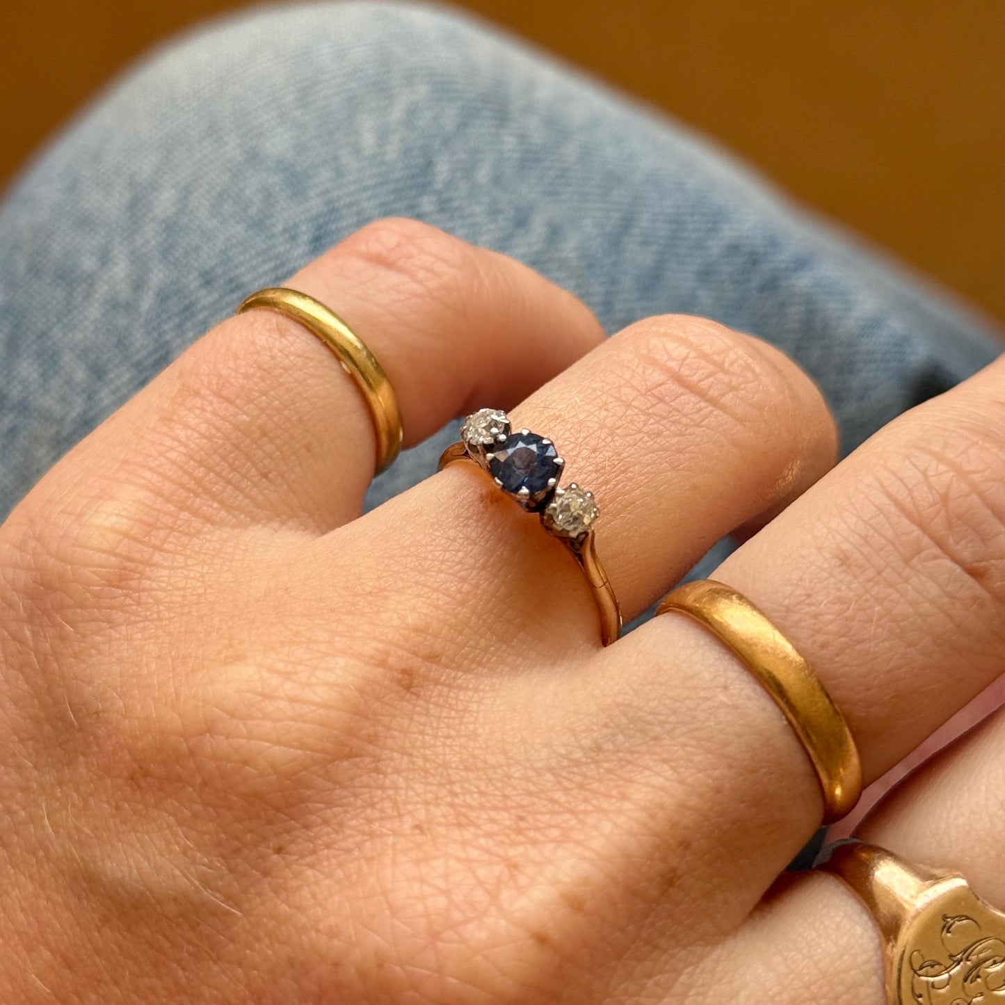 Antique Sapphire & Diamond Trilogy Ring; Circa 1910