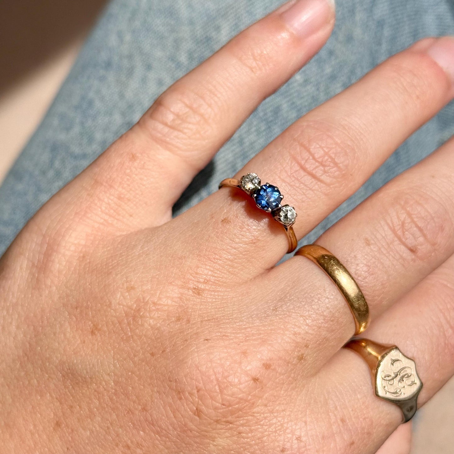 Antique Sapphire & Diamond Trilogy Ring; Circa 1910