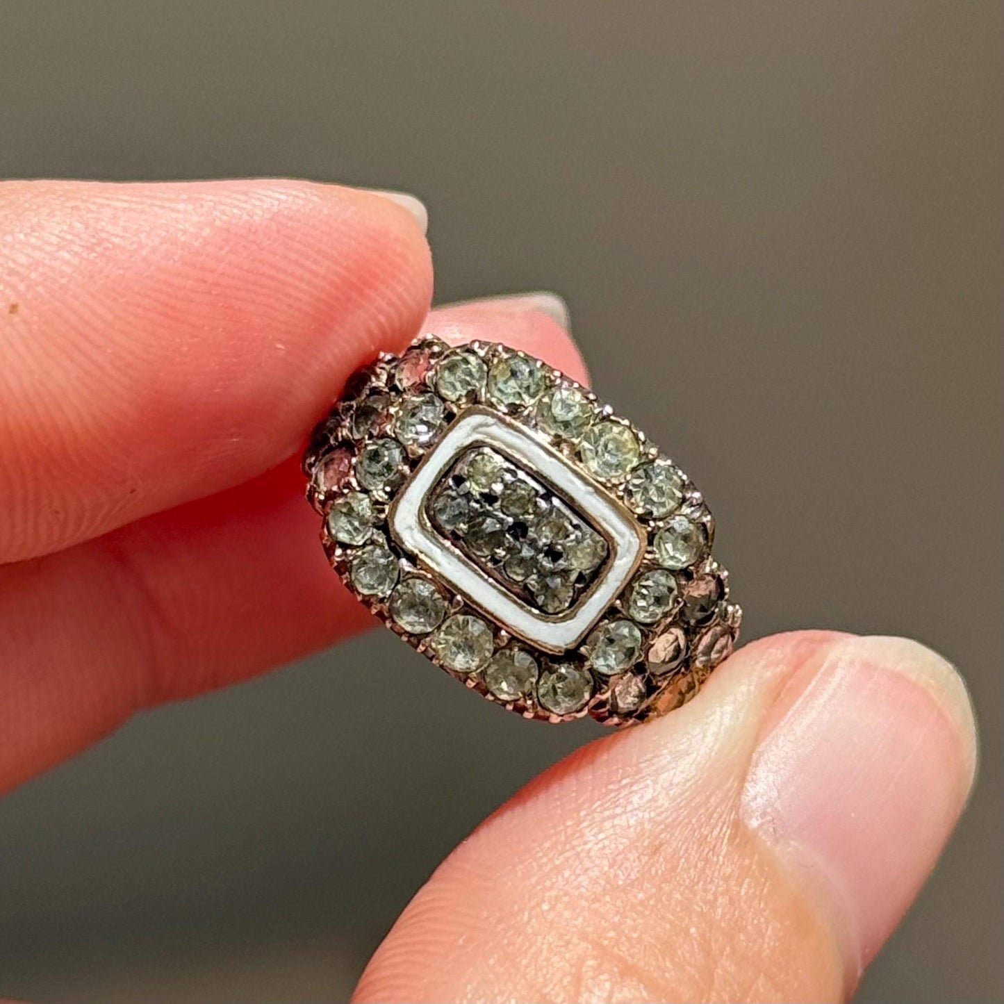 Georgian Paste & Enamel Mourning Ring in 9 Carat Gold; Circa 1817
