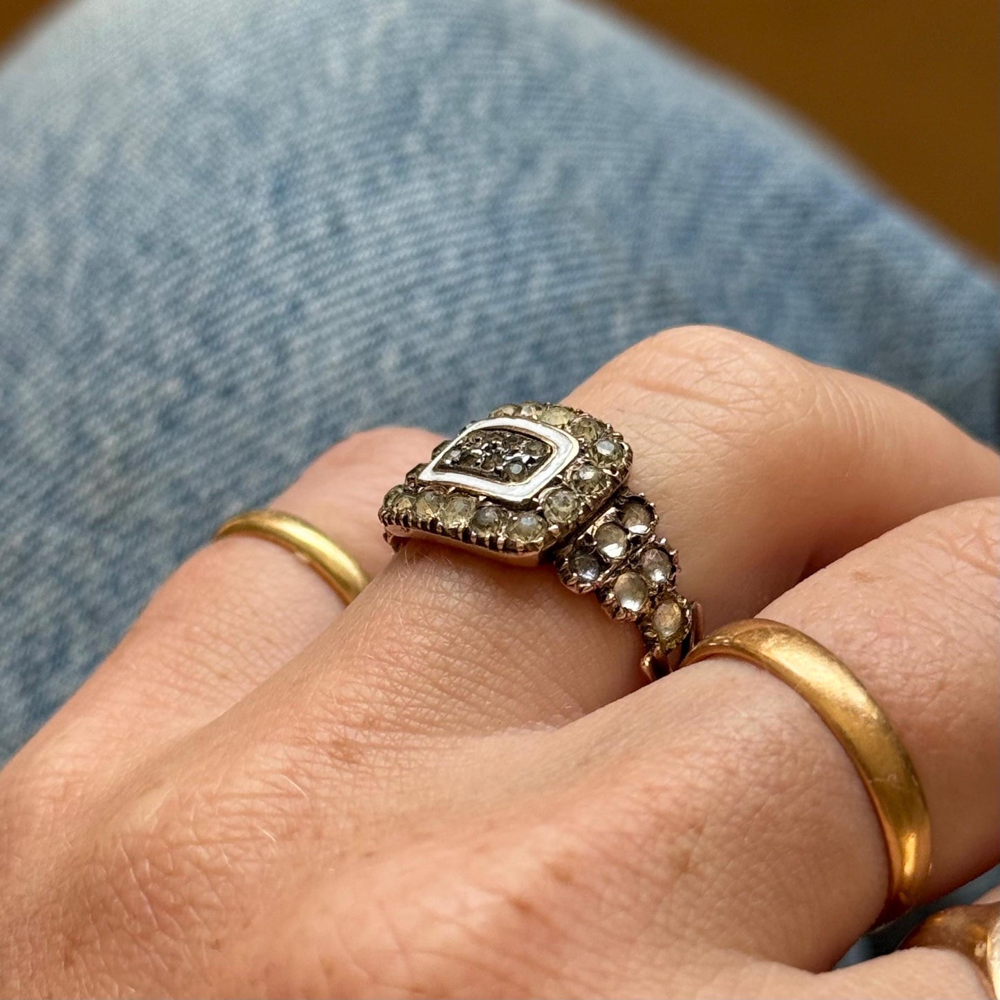 Georgian Paste & Enamel Mourning Ring in 9 Carat Gold; Circa 1817