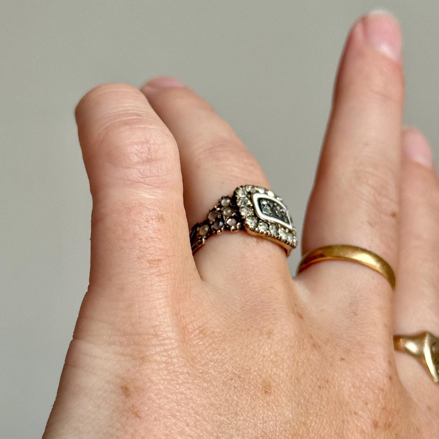 Georgian Paste & Enamel Mourning Ring in 9 Carat Gold; Circa 1817