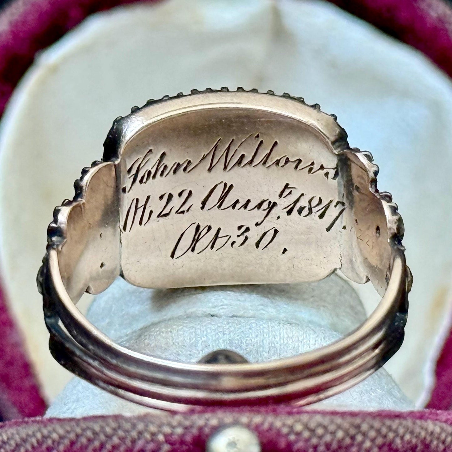 Georgian Paste & Enamel Mourning Ring in 9 Carat Gold; Circa 1817