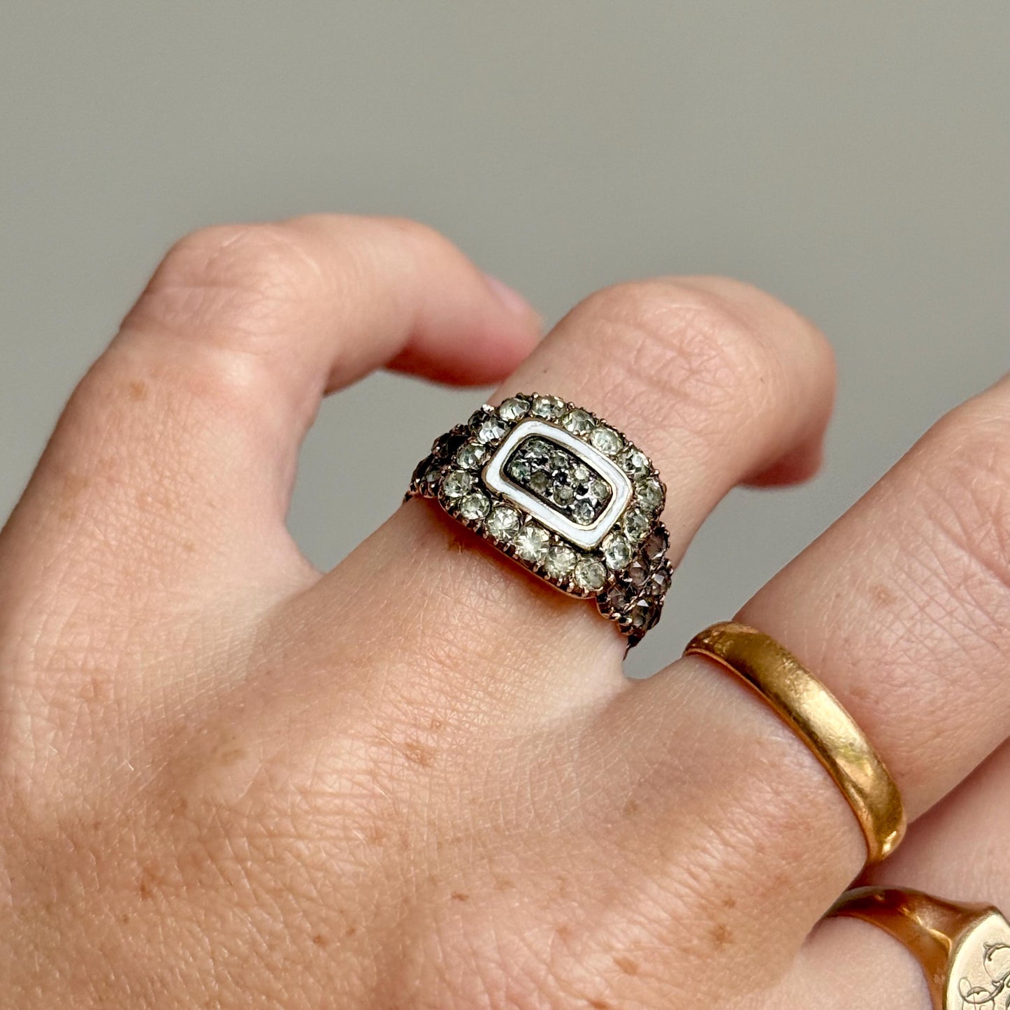 Georgian Paste & Enamel Mourning Ring in 9 Carat Gold; Circa 1817