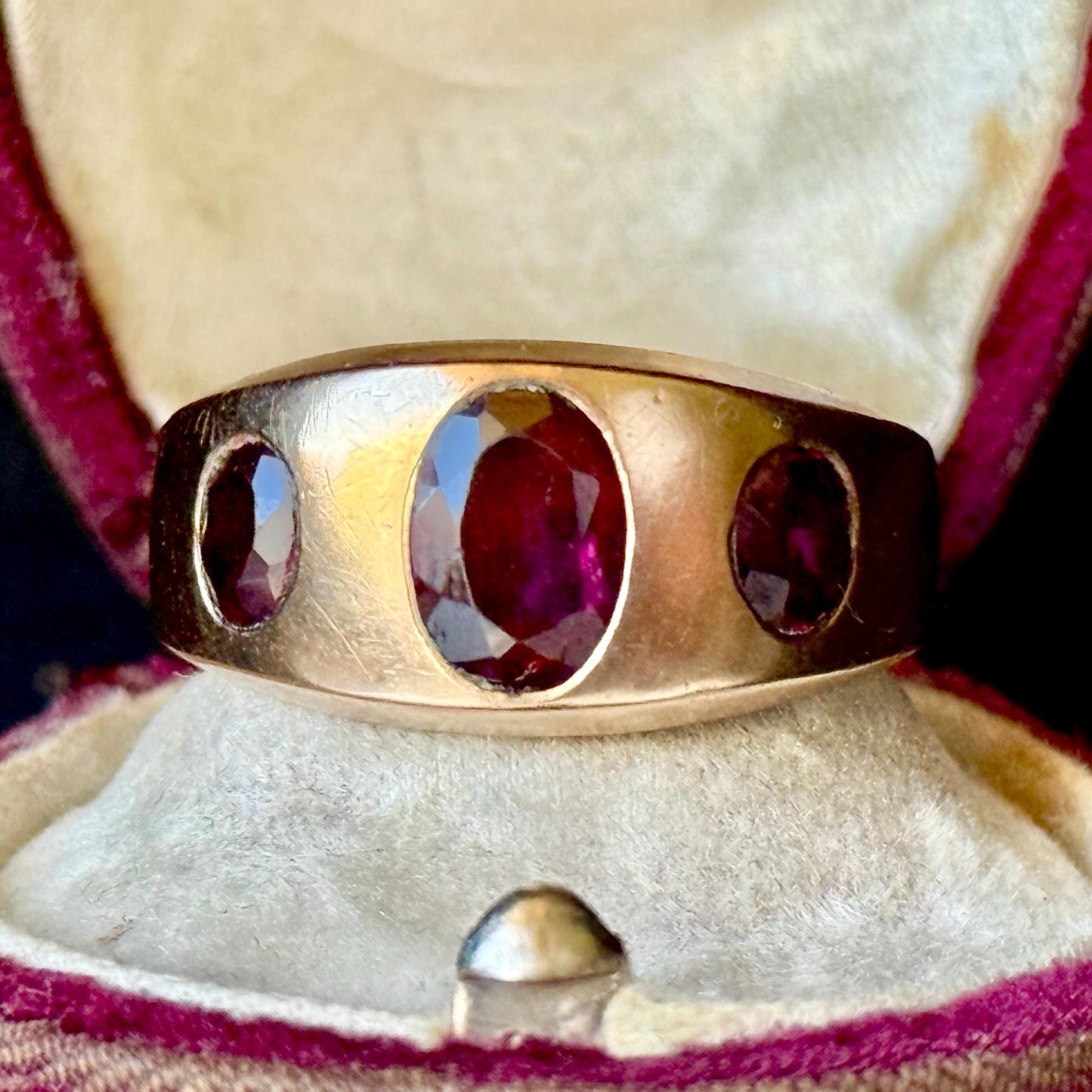 Antique Garnet Trilogy in 9 Carat Rose Gold Ring; Circa 1898