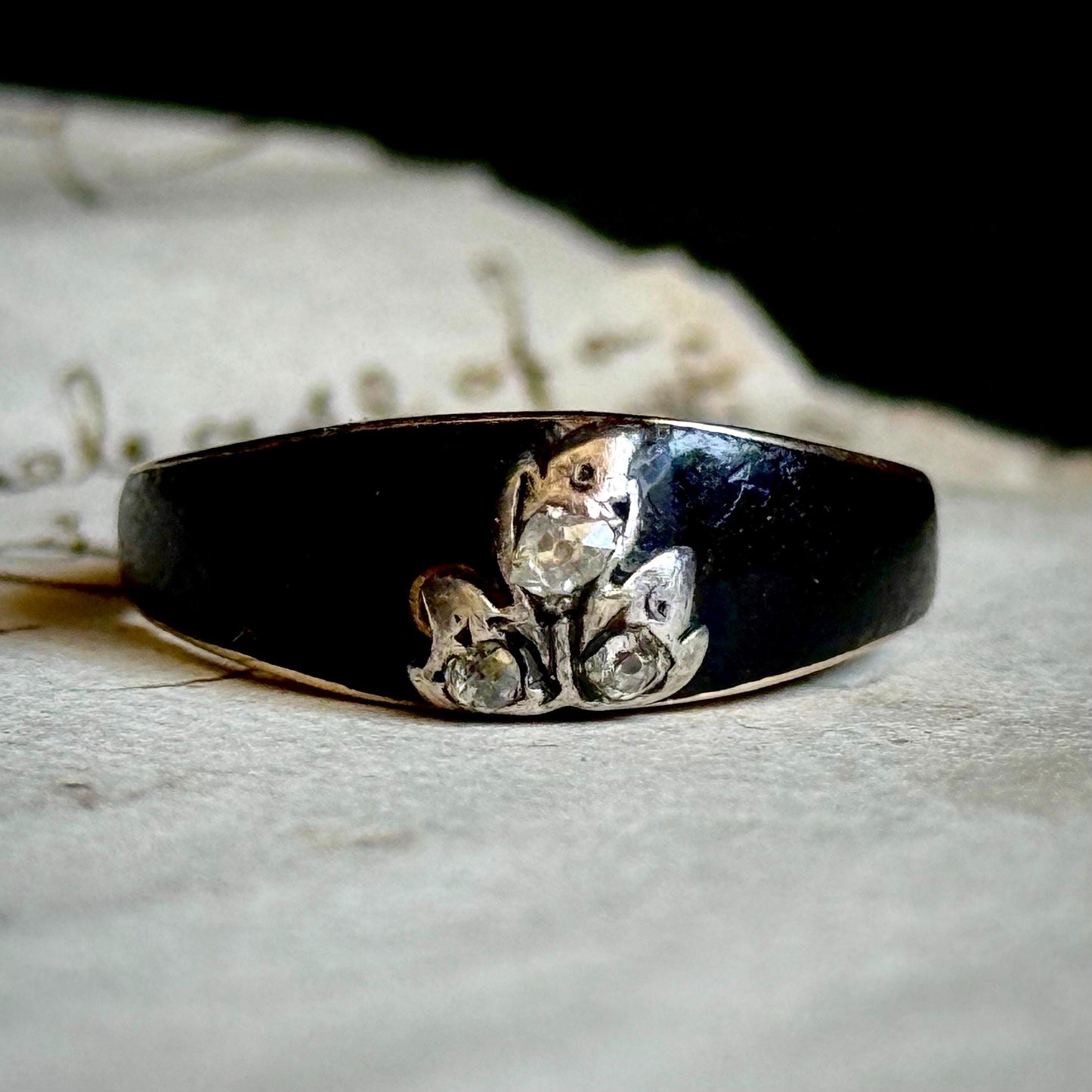 Antique Diamond & Enamel Mourning Ring in 9 Carat Gold; Circa 1875
