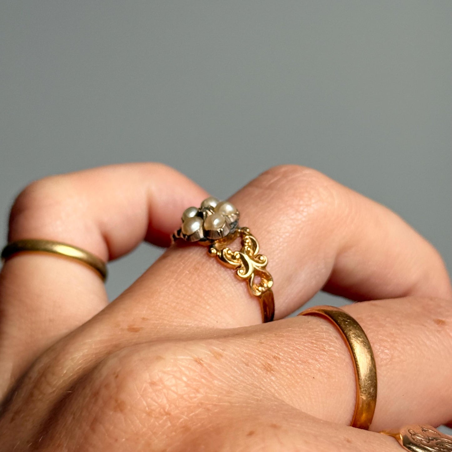 Victorian Pearl & Diamond Cluster Ring in 18 Carat Gold; circa 1850