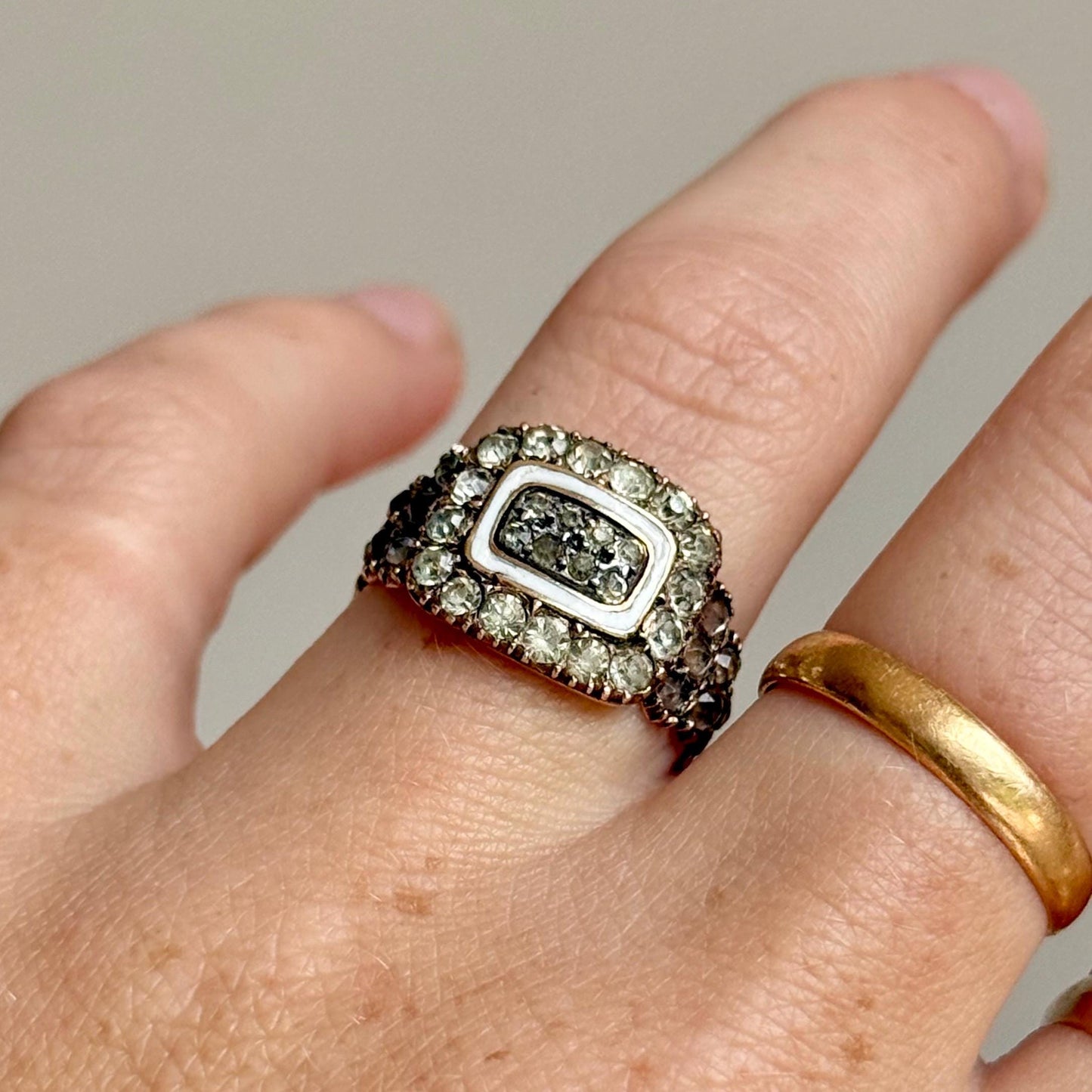 Georgian Paste & Enamel Mourning Ring in 9 Carat Gold; Circa 1817