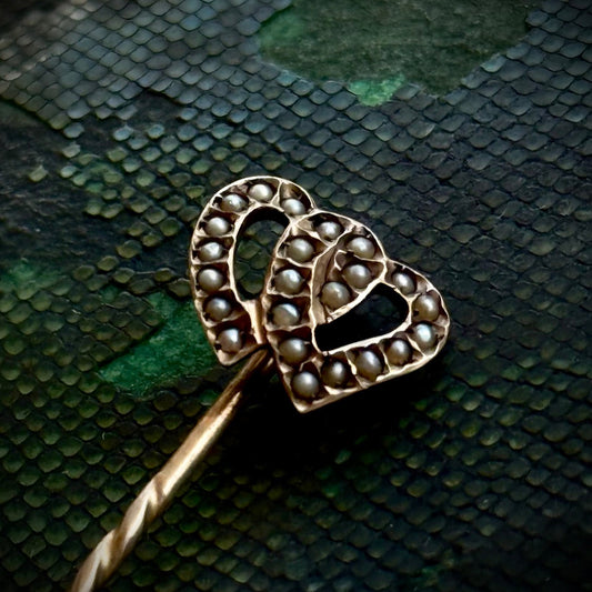 Antique Victorian Double Heart Pearl Pin in 9 Carat Gold