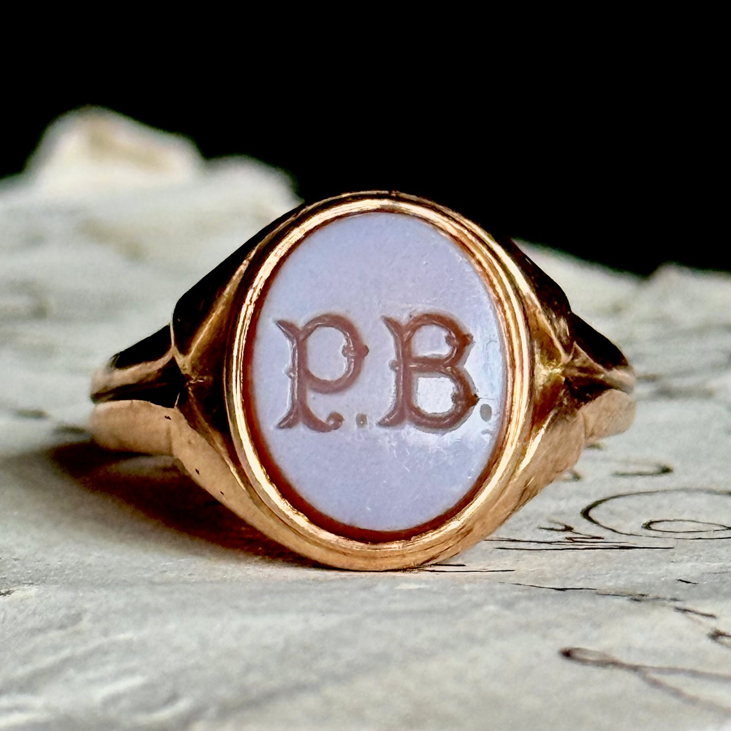 Antique Sardonyx 'P.B' intaglio Ring in 9 Carat Gold