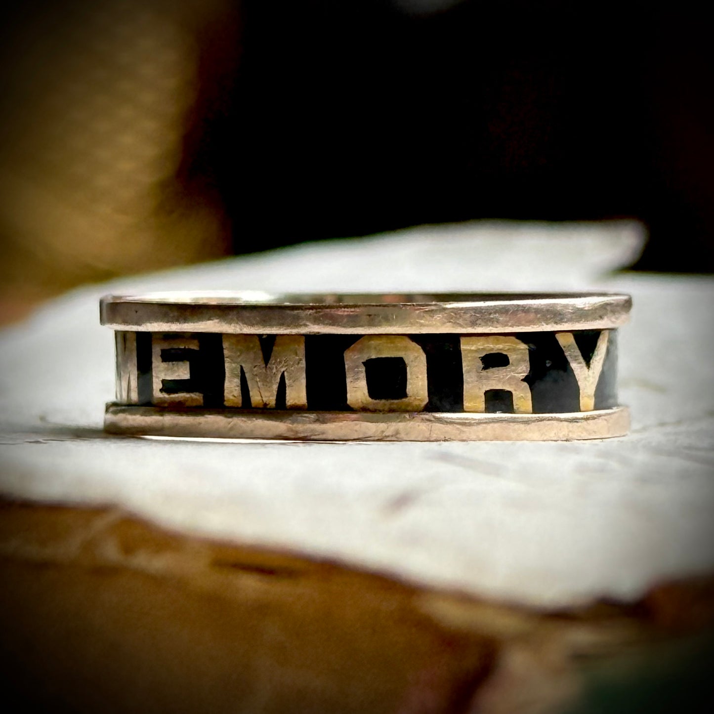 Antique Victorian Enamel Mourning Ring in 9 Carat Gold; Circa 1873