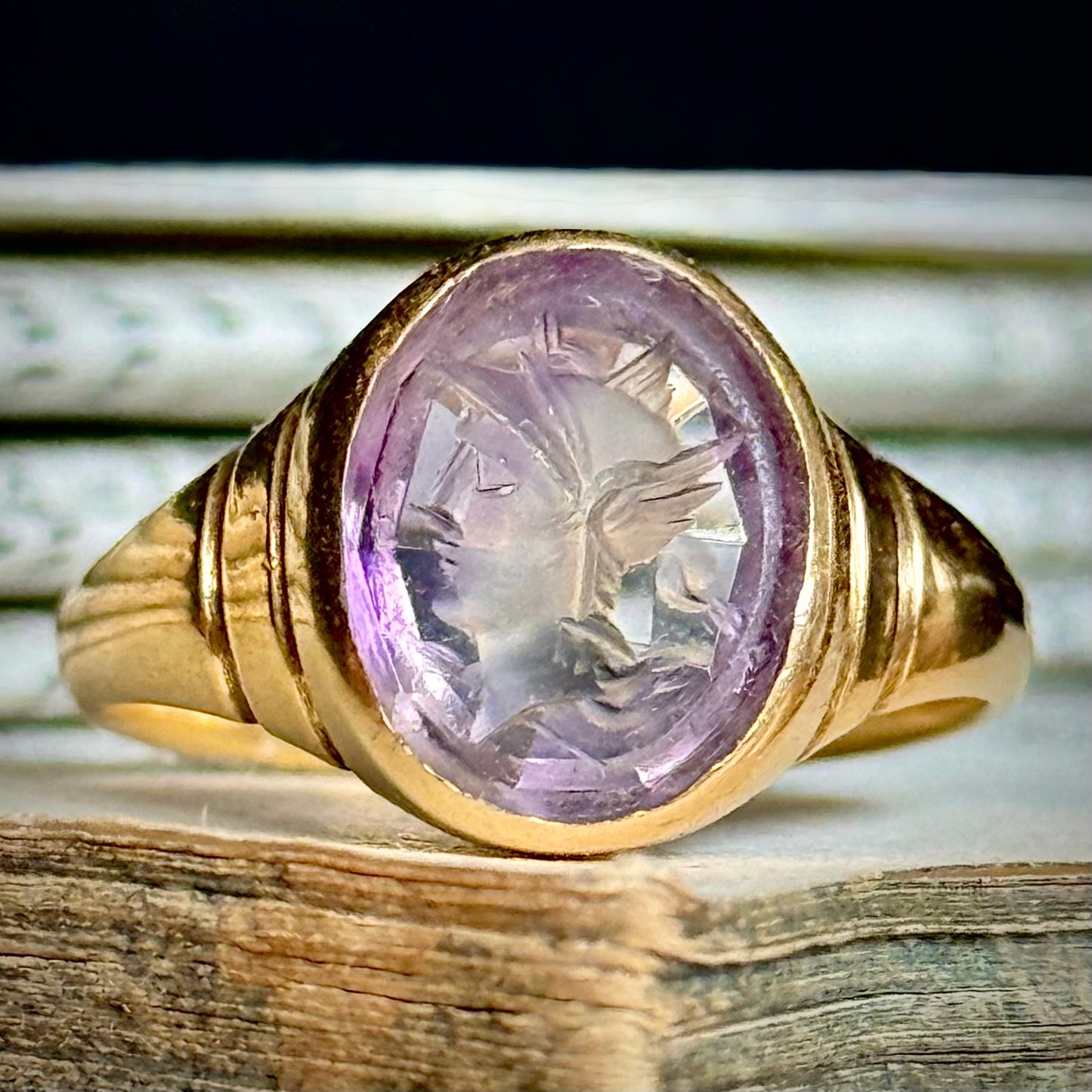 Antique Amethyst Intaglio Ring in 18 Carat Gold; Circa 1900