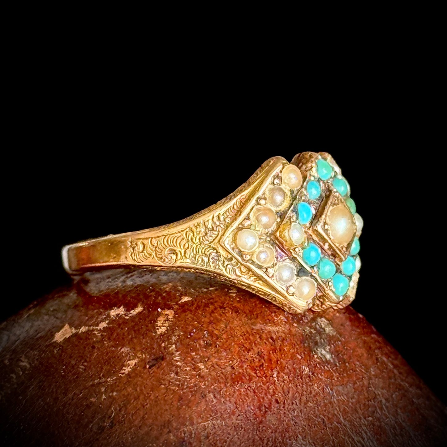 Antique Victorian Peal & Turquoise Ring in 15 Carat Gold; Circa 1870