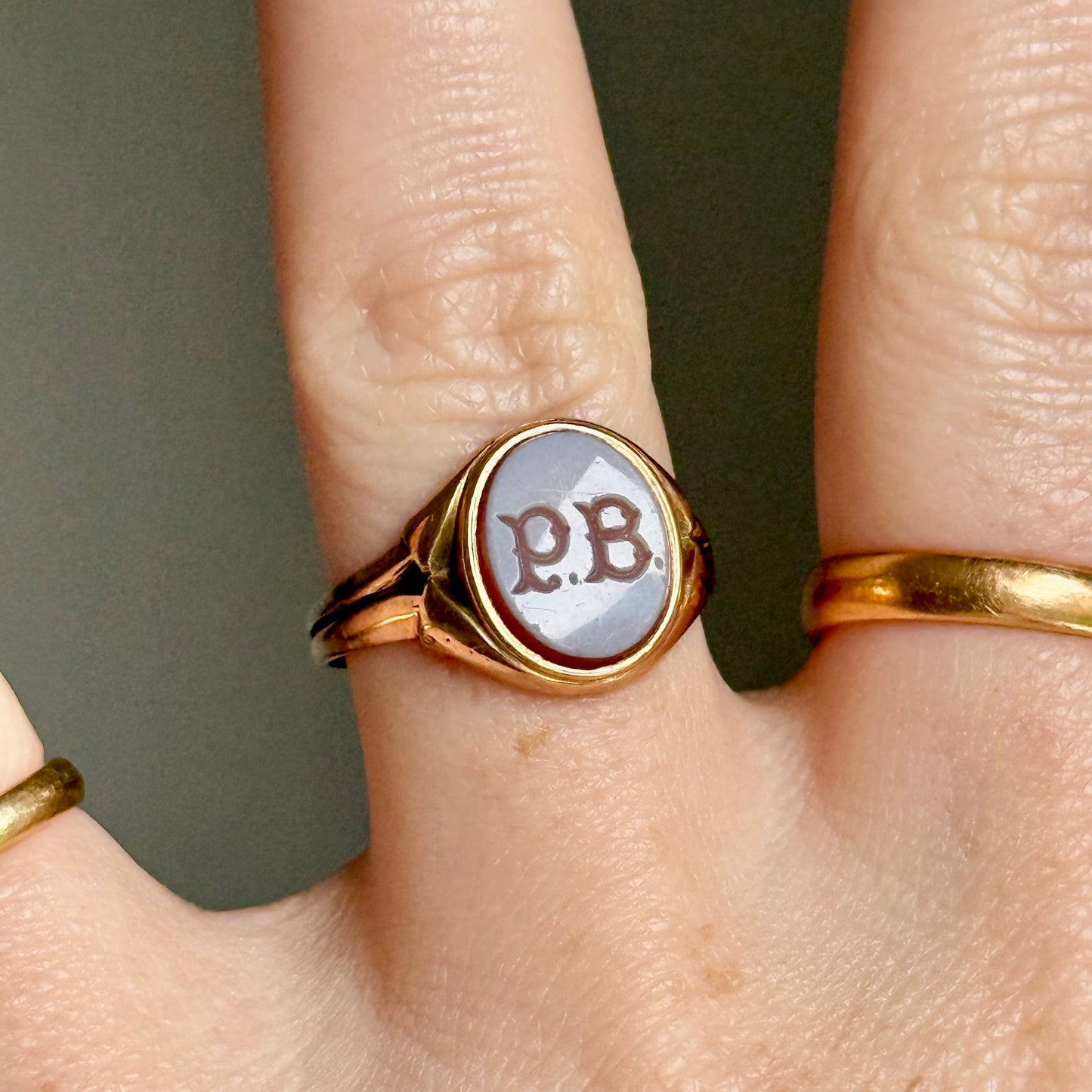 Antique Sardonyx 'P.B' intaglio Ring in 9 Carat Gold