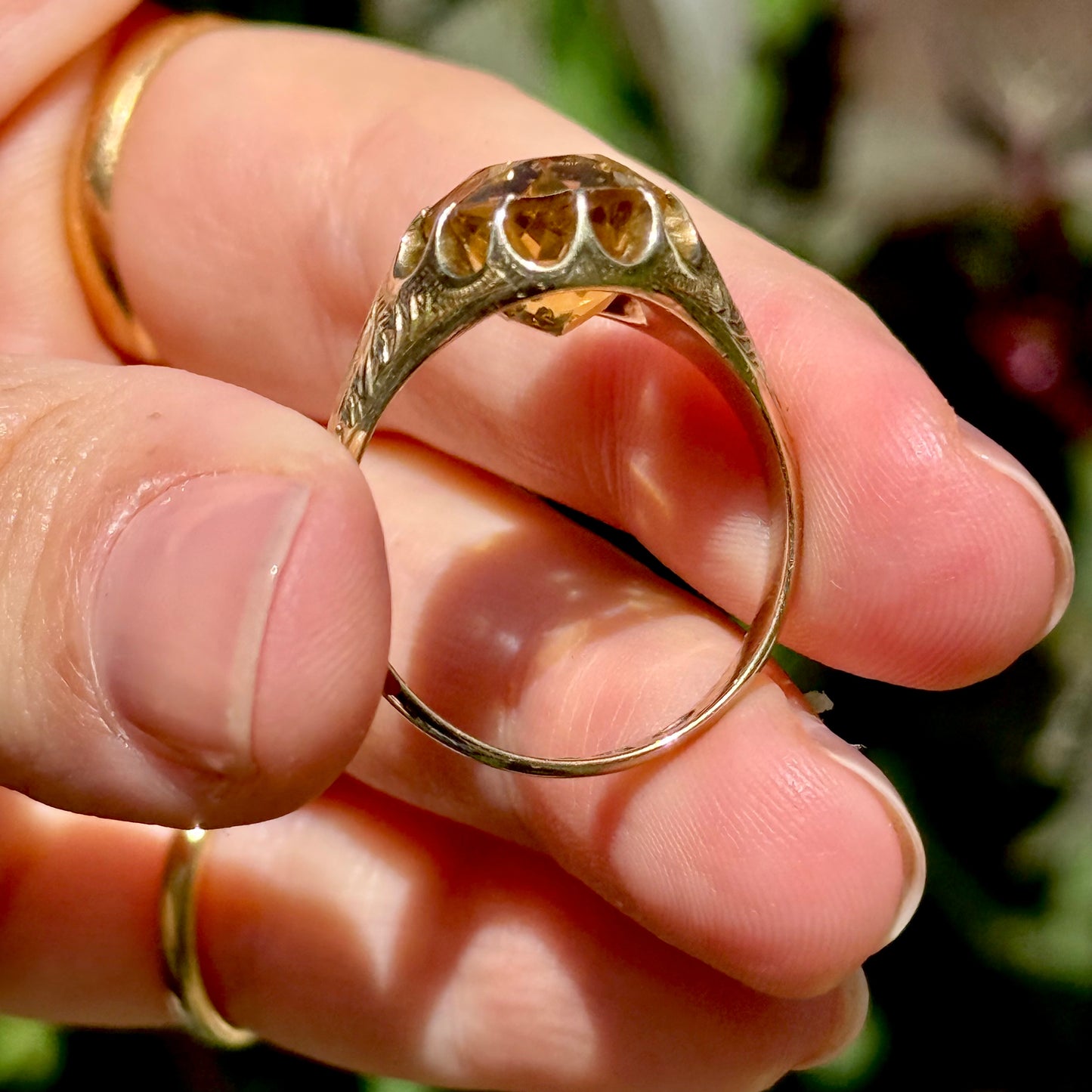 Victorian Citrine Engraved Ring in 9 Carat Gold ; Circa 1900