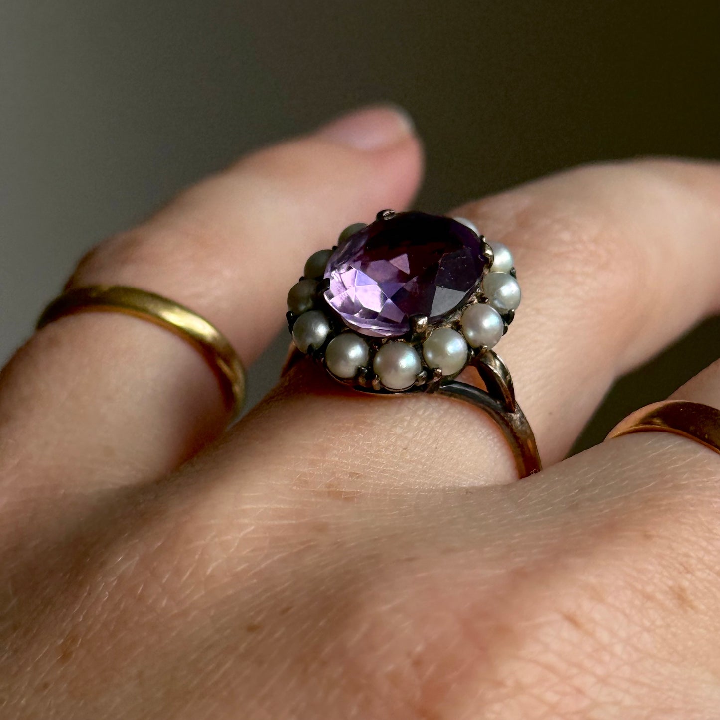 Vintage Amethyst & Pearl Cluster Ring in 9 Carat Gold