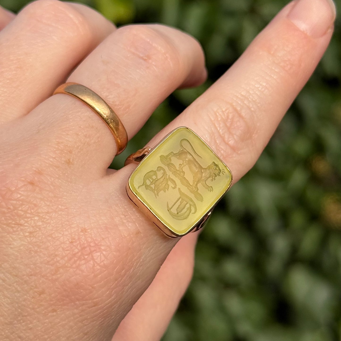Antique Chrysoprase Intaglio Lion Ring in 9 Carat Gold; Circa 1900