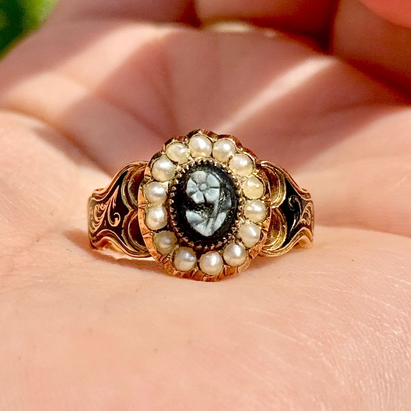 Antique Forget Me Not Mourning Ring in 18 Carat Gold; Circa 1851
