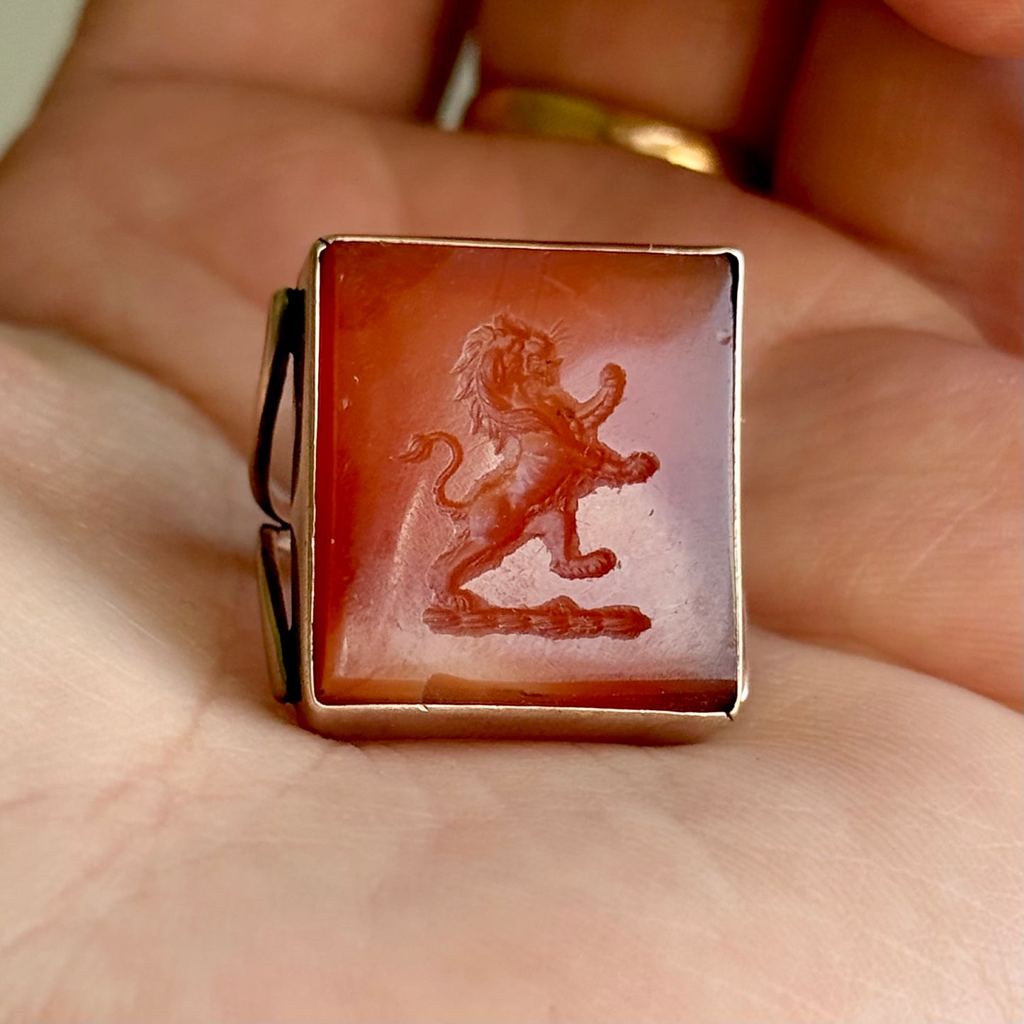 Substantial Antique Carnelian Intaglio Ring in 9 Carat Gold