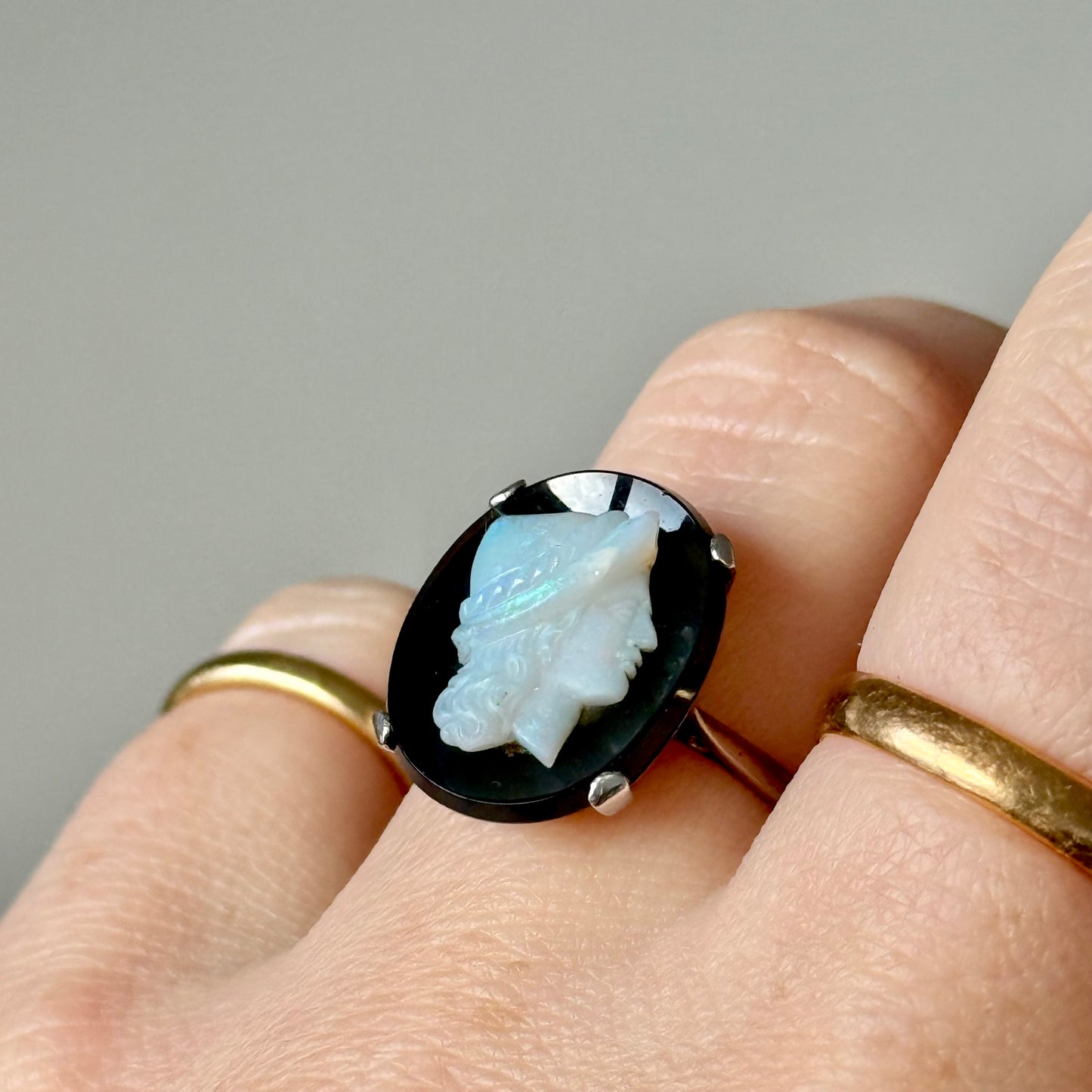 Antique Opal & Onyx Cameo ring in Platinum & Gold; Circa 1910