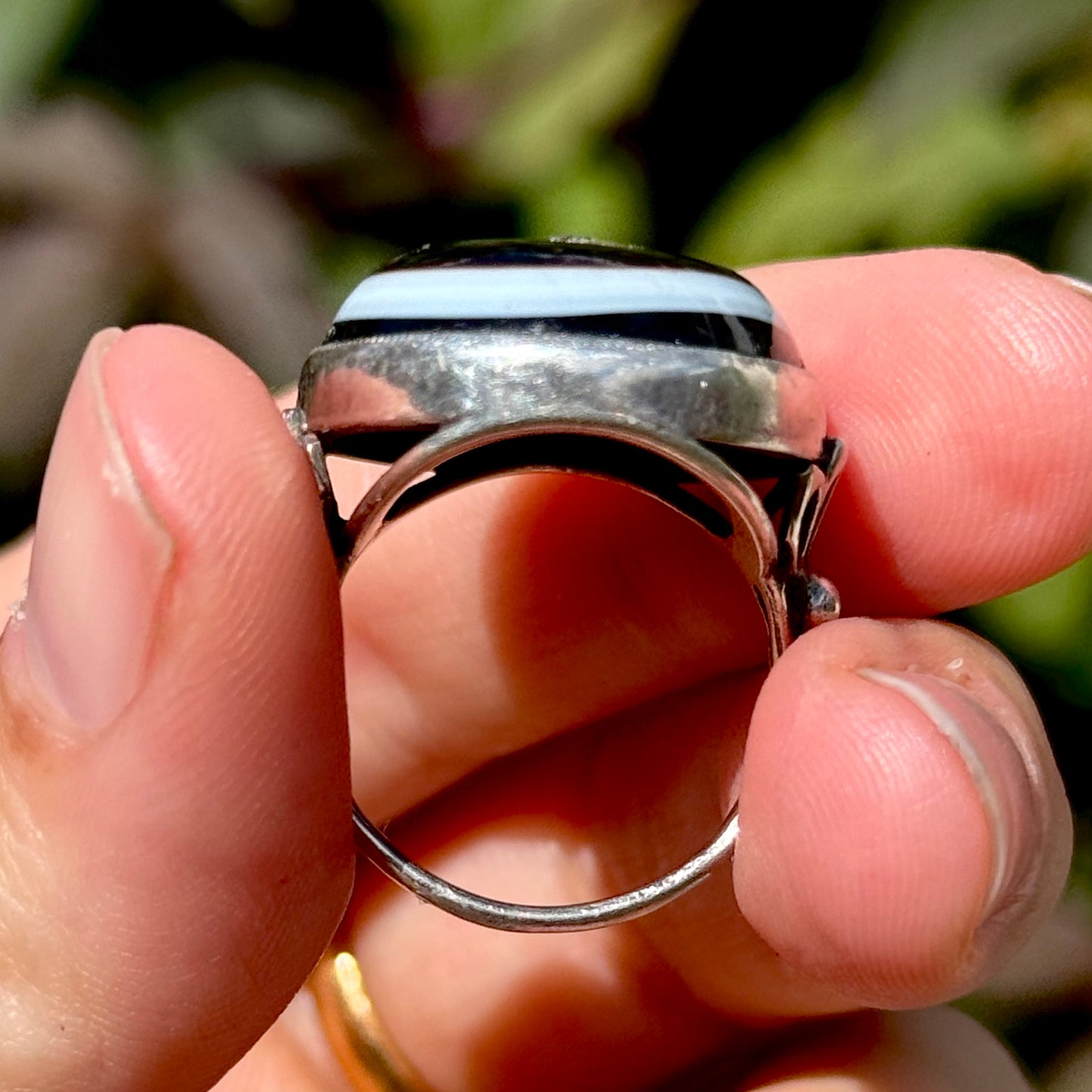 Victorian Banded Agate Diamond 'A' Ring in Sterling Silver Circa 1880
