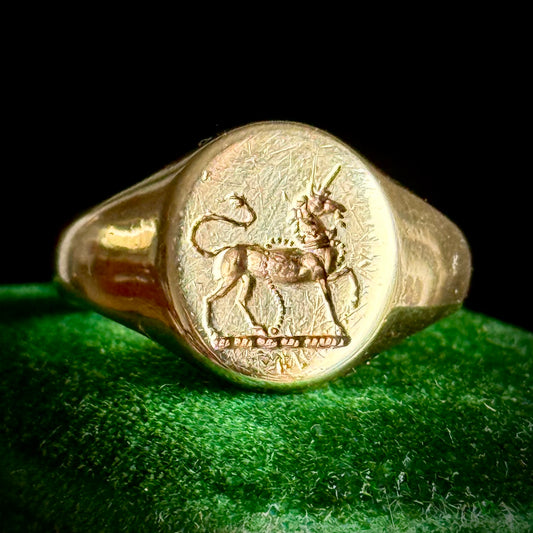 Vintage Heraldic Unicorn Signet Ring in 9 Carat Gold; Circa 1991