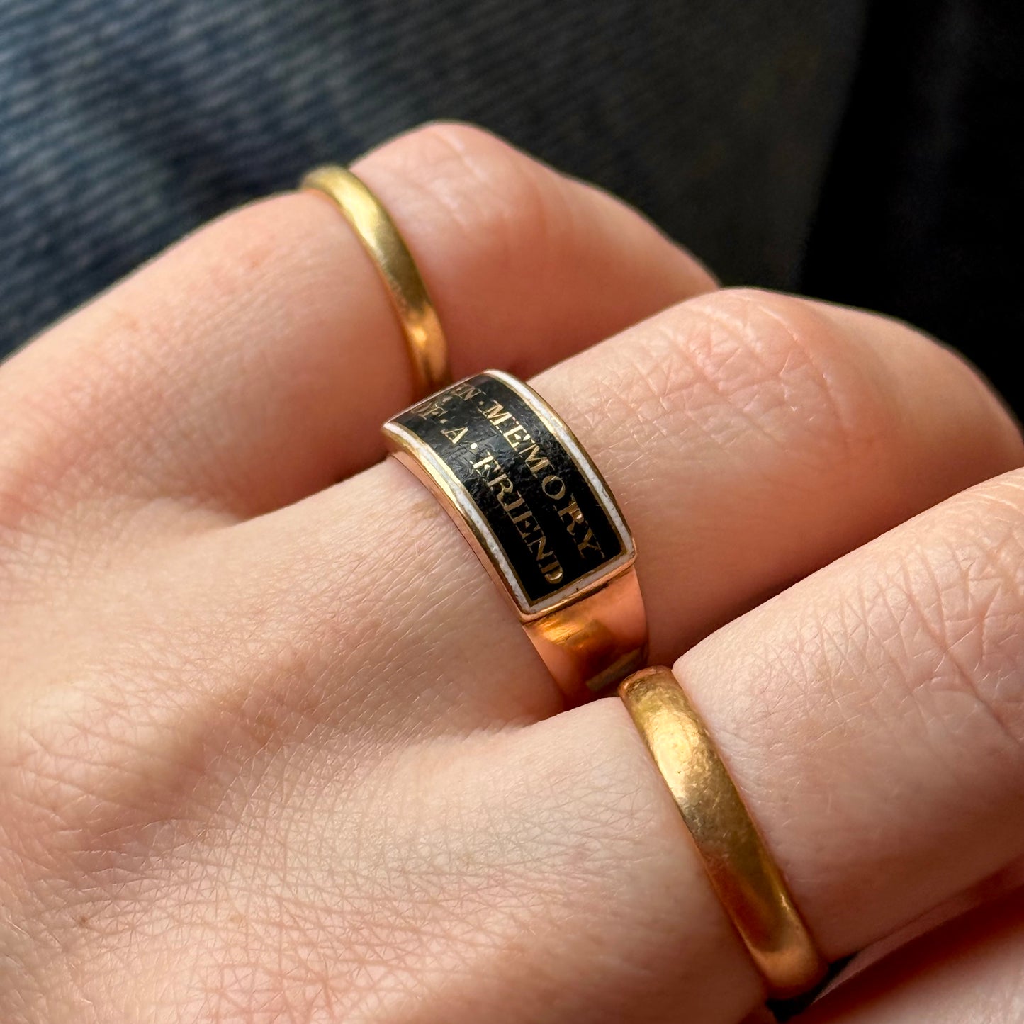 Antique Victorian 'In Memory of a Friend' Mourning Ring in 9 Carat Gold; Circa 1860