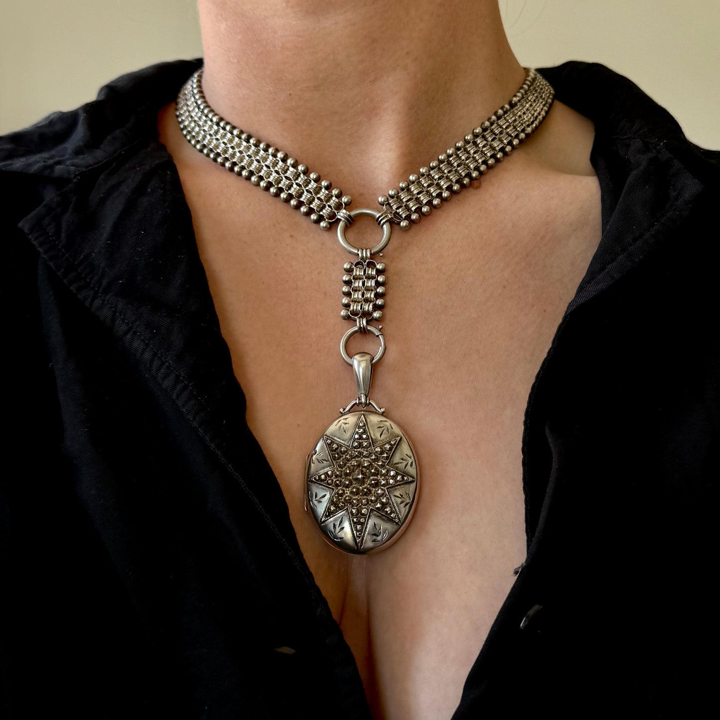 Antique Victorian Silver Locket Collar Necklace; Circa 1882