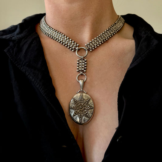 Antique Victorian Silver Locket Collar Necklace; Circa 1882
