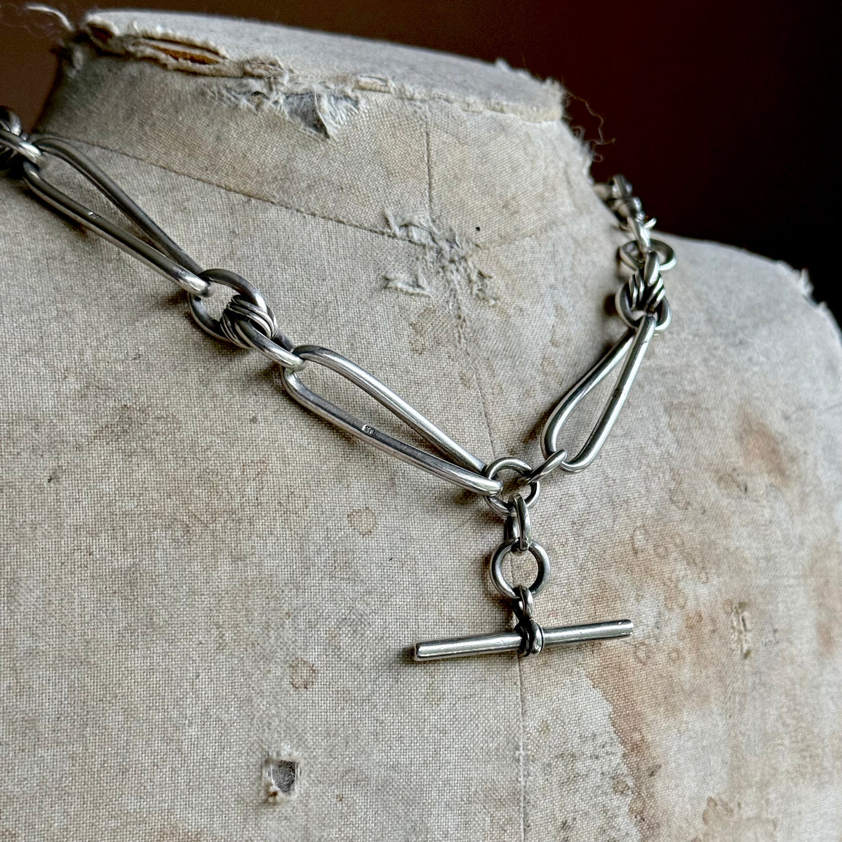 Victorian Heavy Trombone & Lover's Knot Chain in Silver; circa 1893