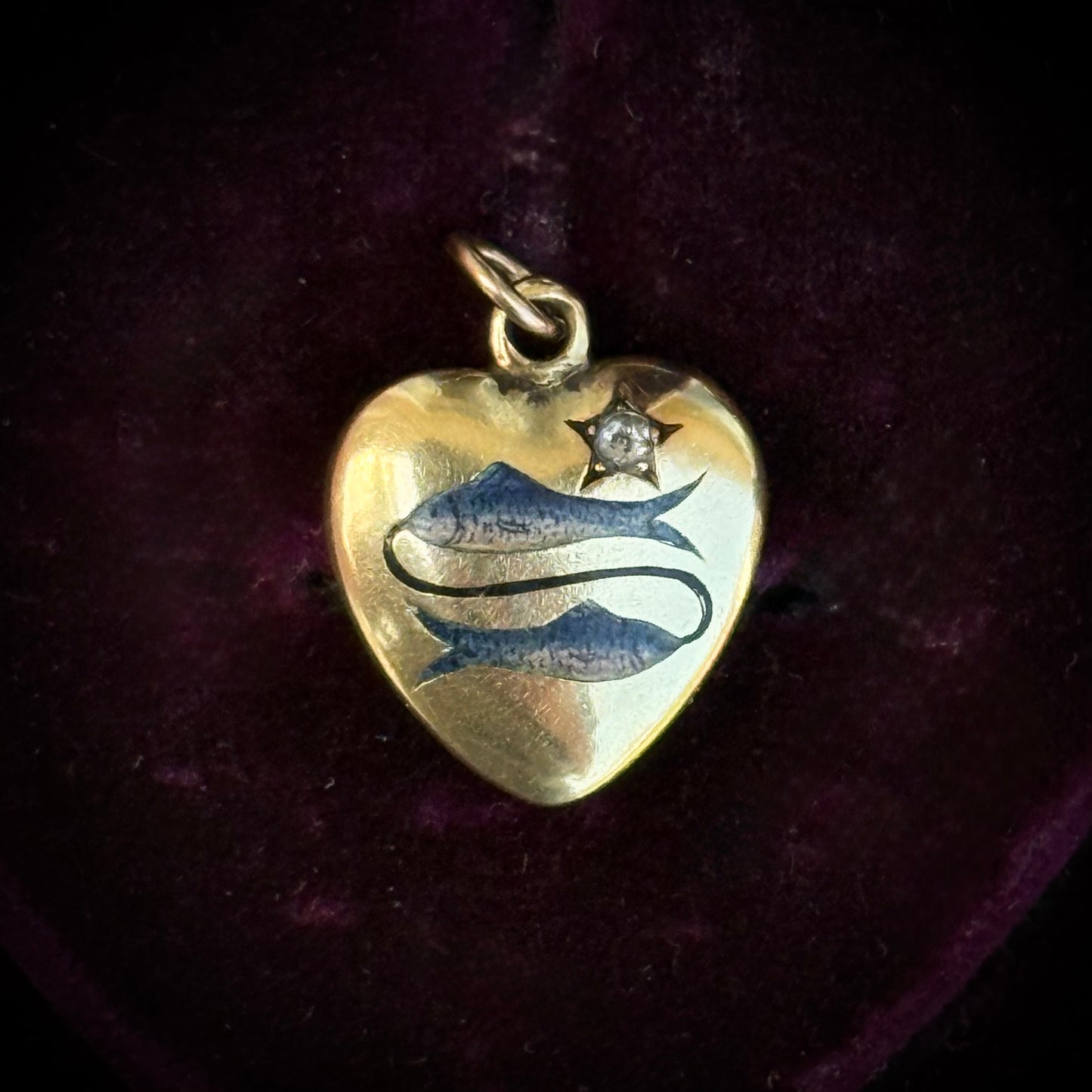 Vintage Pisces Enamel & Diamond Puffy Heart Pendant