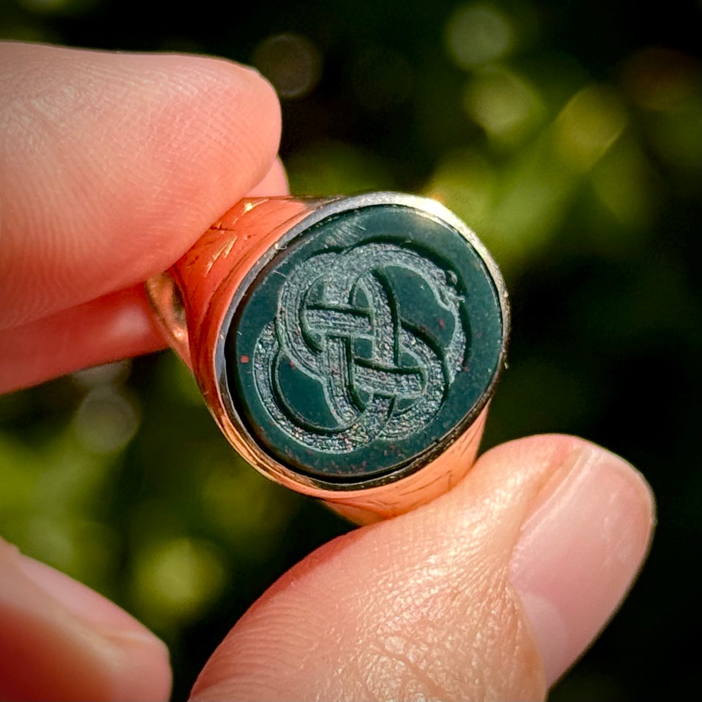 Antique Bloodstone Ouroboros Serpent Ring in 9 Carat Gold
