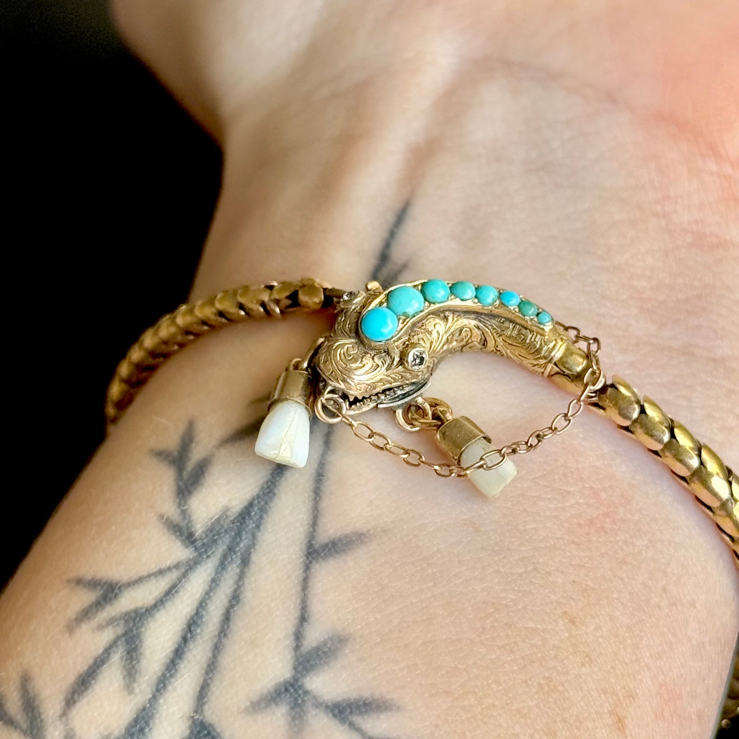 Victorian Diamond & Milk Tooth Snake Bracelet in 15 Carat Gold; Circa 1880
