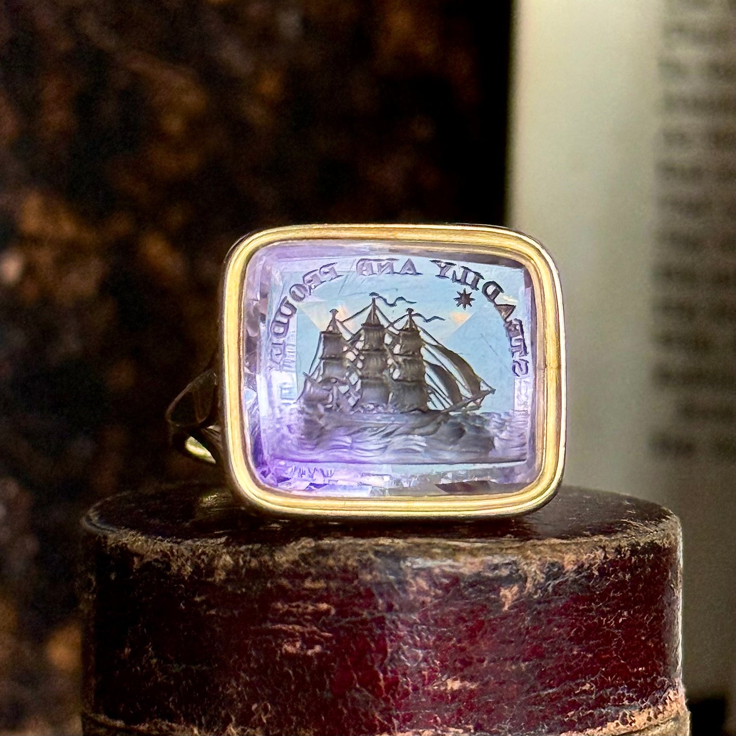 Georgian Amethyst Intaglio ‘Steadily and Proudly’ Conversion Ring,  Circa 18th Century