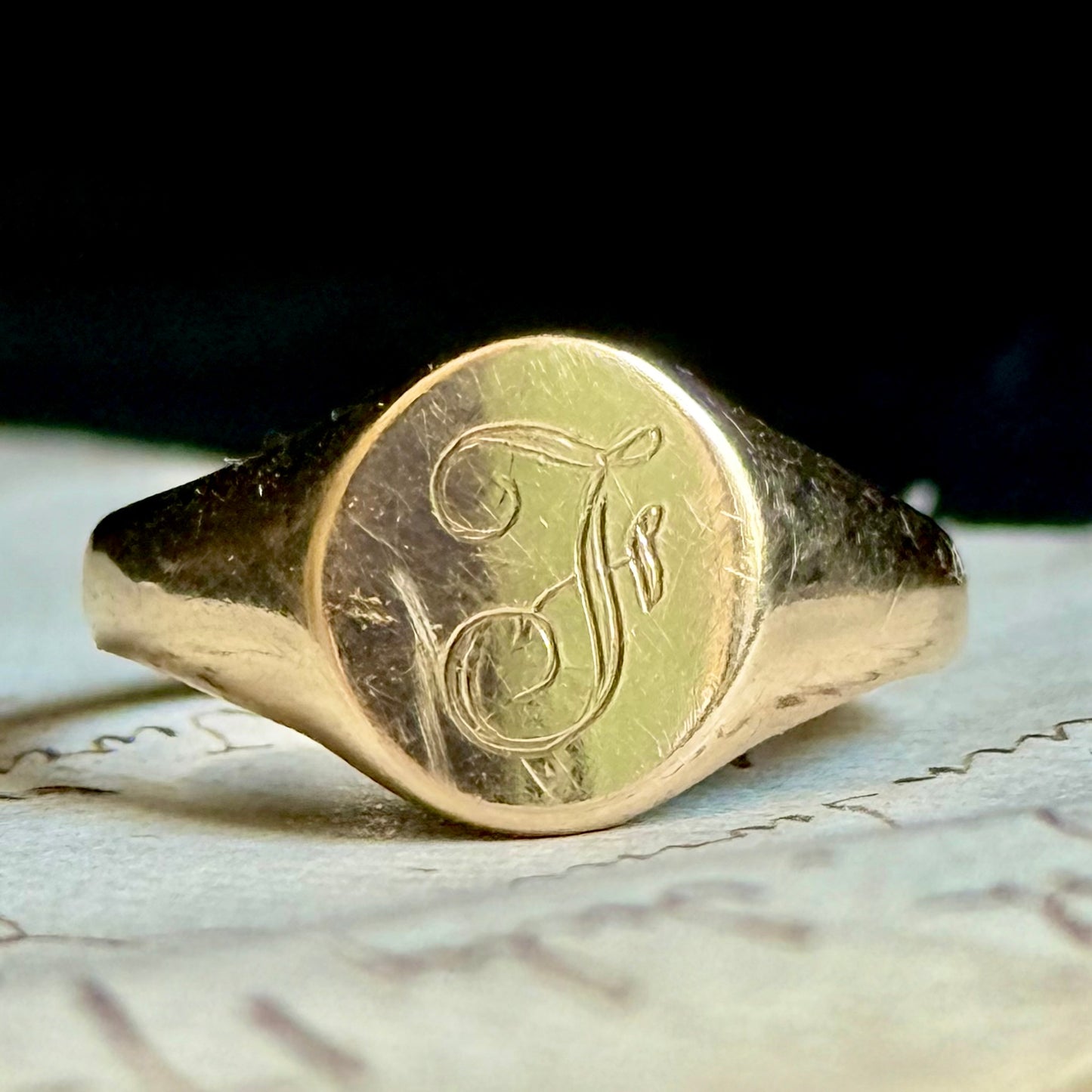 Vintage 'F' Signet Ring in 9 Carat Gold; Circa 1992
