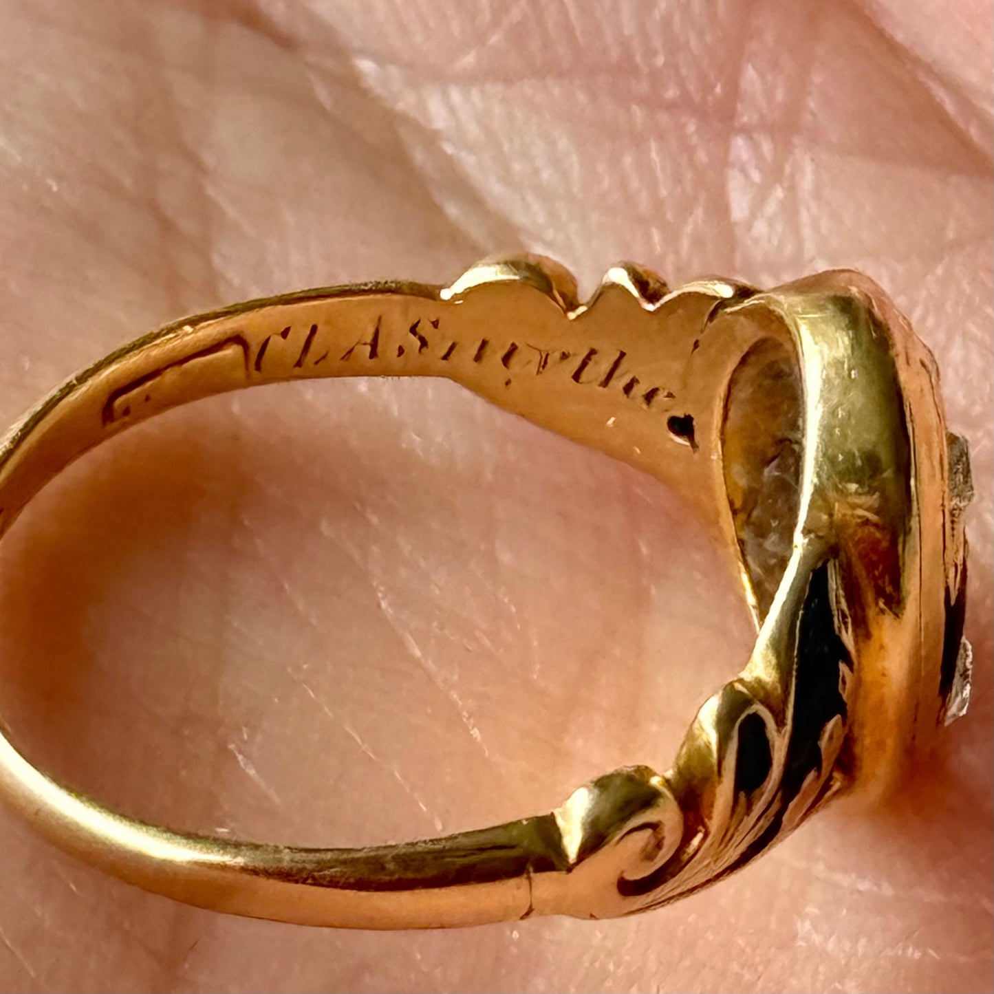 Antique Victorian Diamond Mourning Ring in 18 Carat Gold; Circa 1863