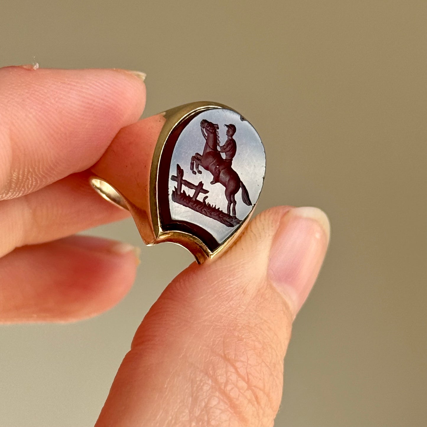 Antique Horseshoe Carnelian Signet Ring in 9 Carat Gold; Circa 1890