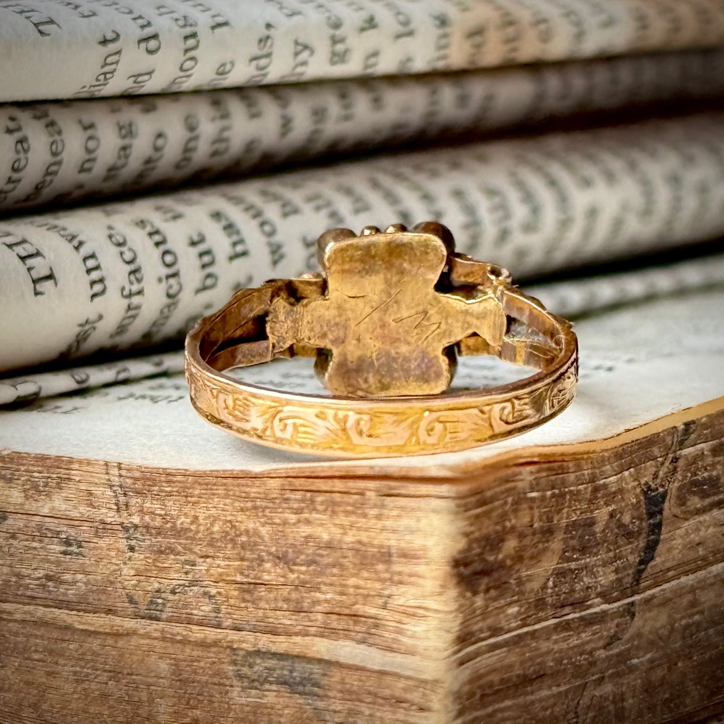 Antique Ornate Gemstone Ring in 15 Carat Gold; Circa 1873