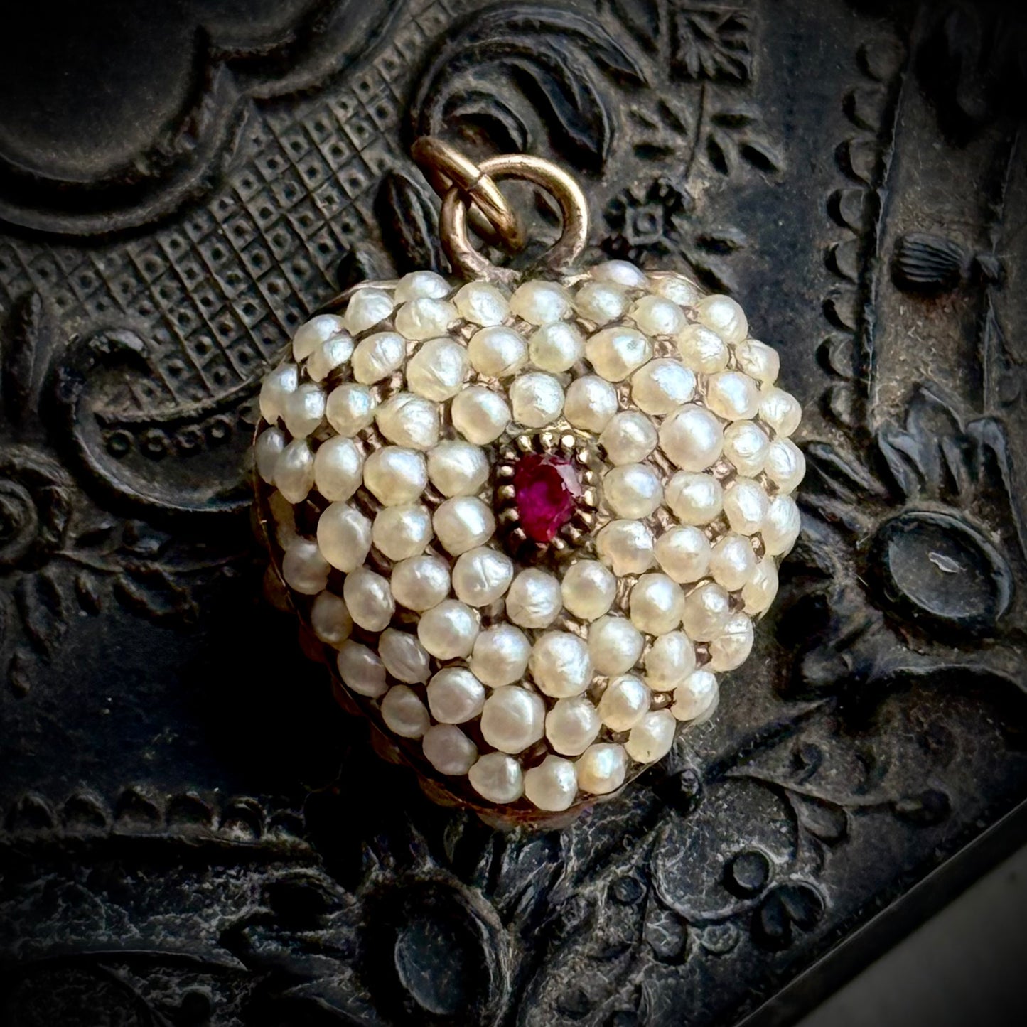 Georgian Seed Pearl & Ruby Heart Locket Pendant in 15 Carat Gold; Circa 1800